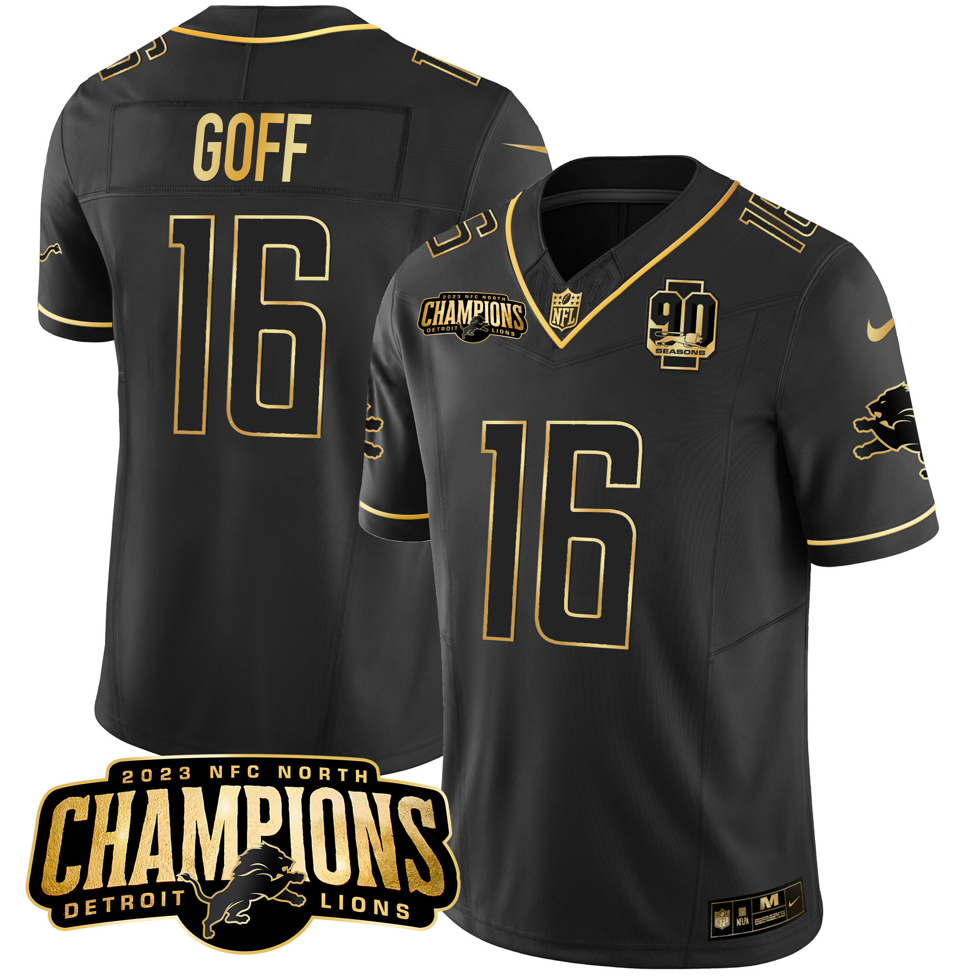 Jared Goff Men's Detroit Lions 2023 NFC North Champions Patch Gold Vapor Black Gold Jersey - All Stitched 