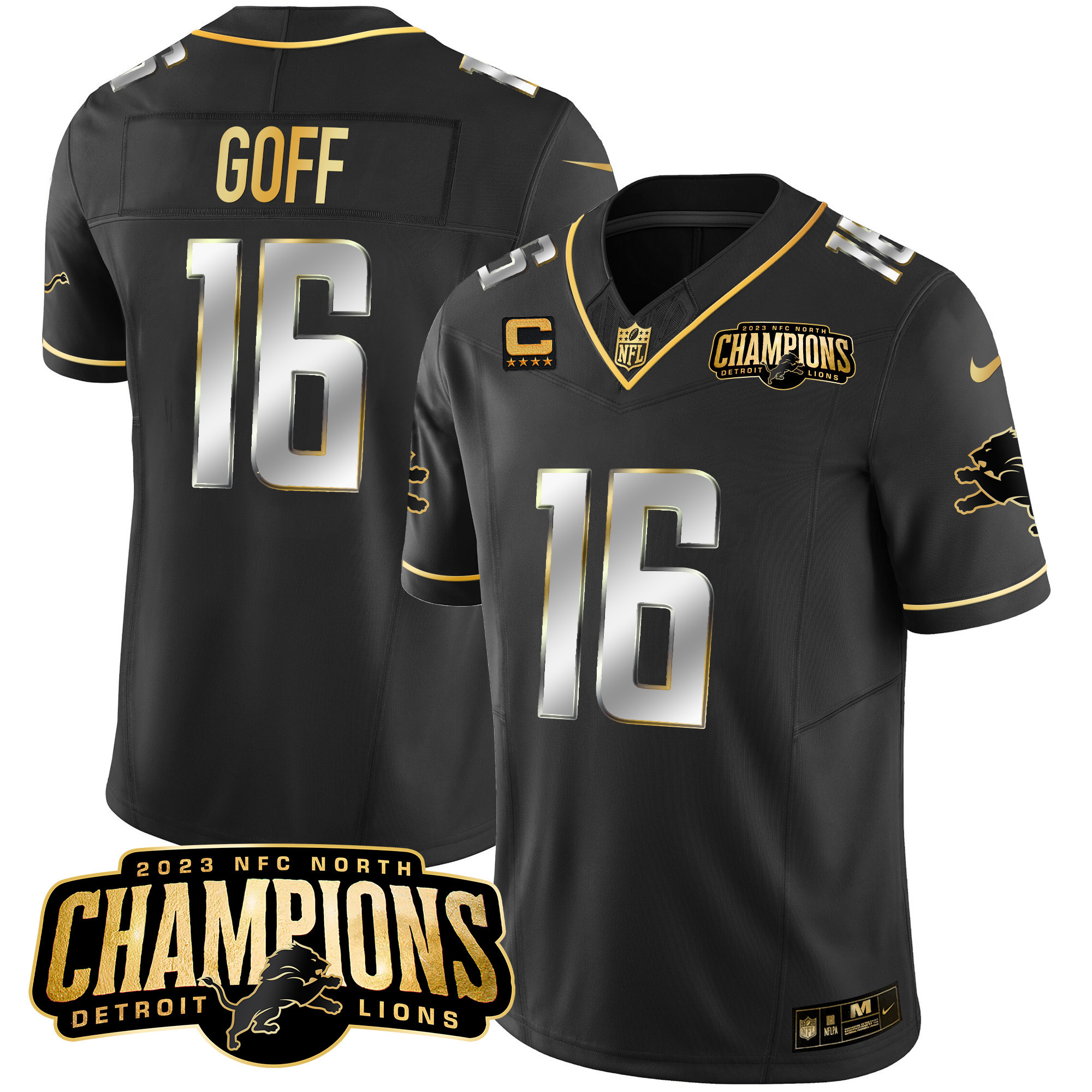 Jared Goff Men's Detroit Lions 2023 NFC North Champions Patch Gold Vapor Black Limited Jersey - All Stitched 
