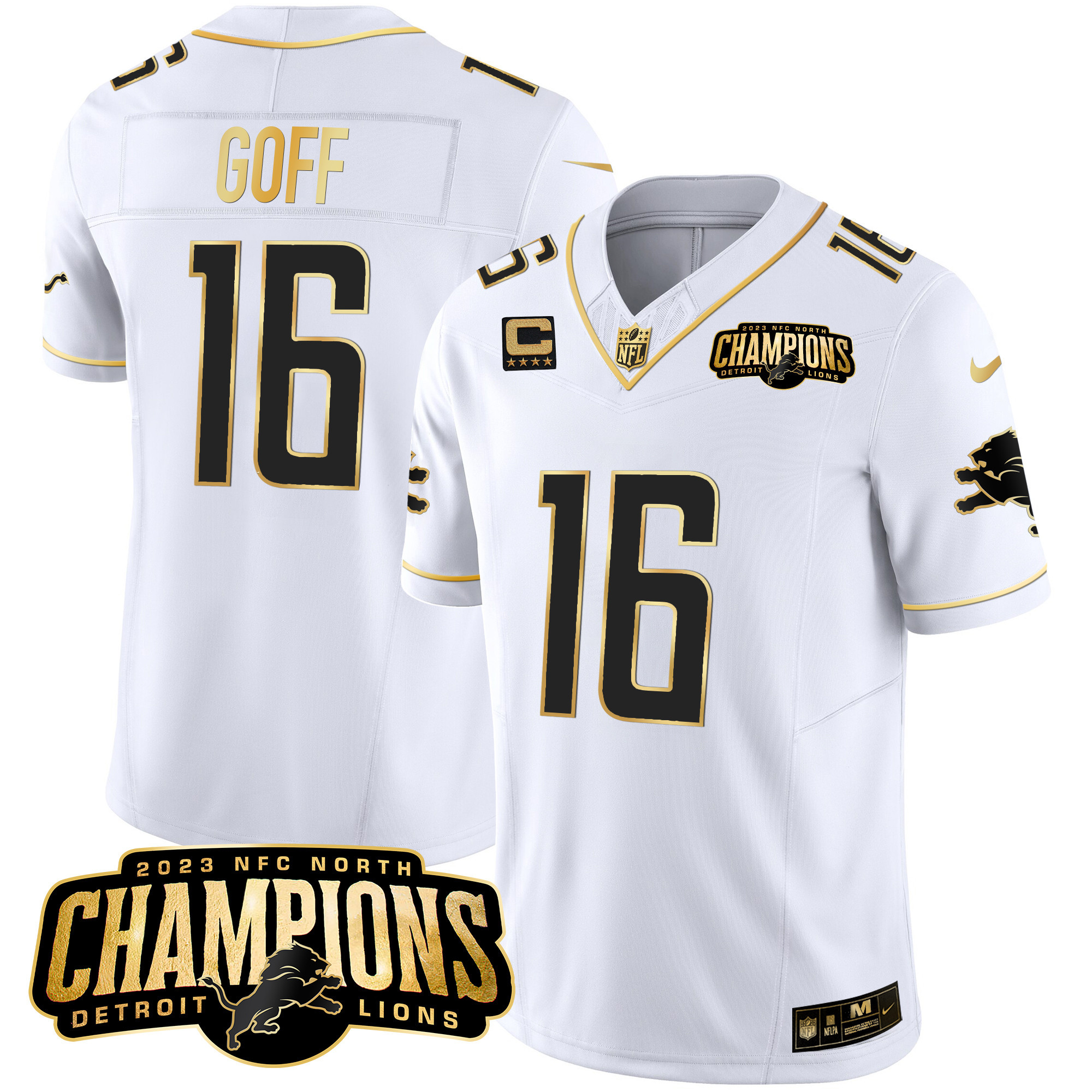 Jared Goff Men's Detroit Lions 2023 NFC North Champions Patch Gold Vapor White Gold Jersey - All Stitched 