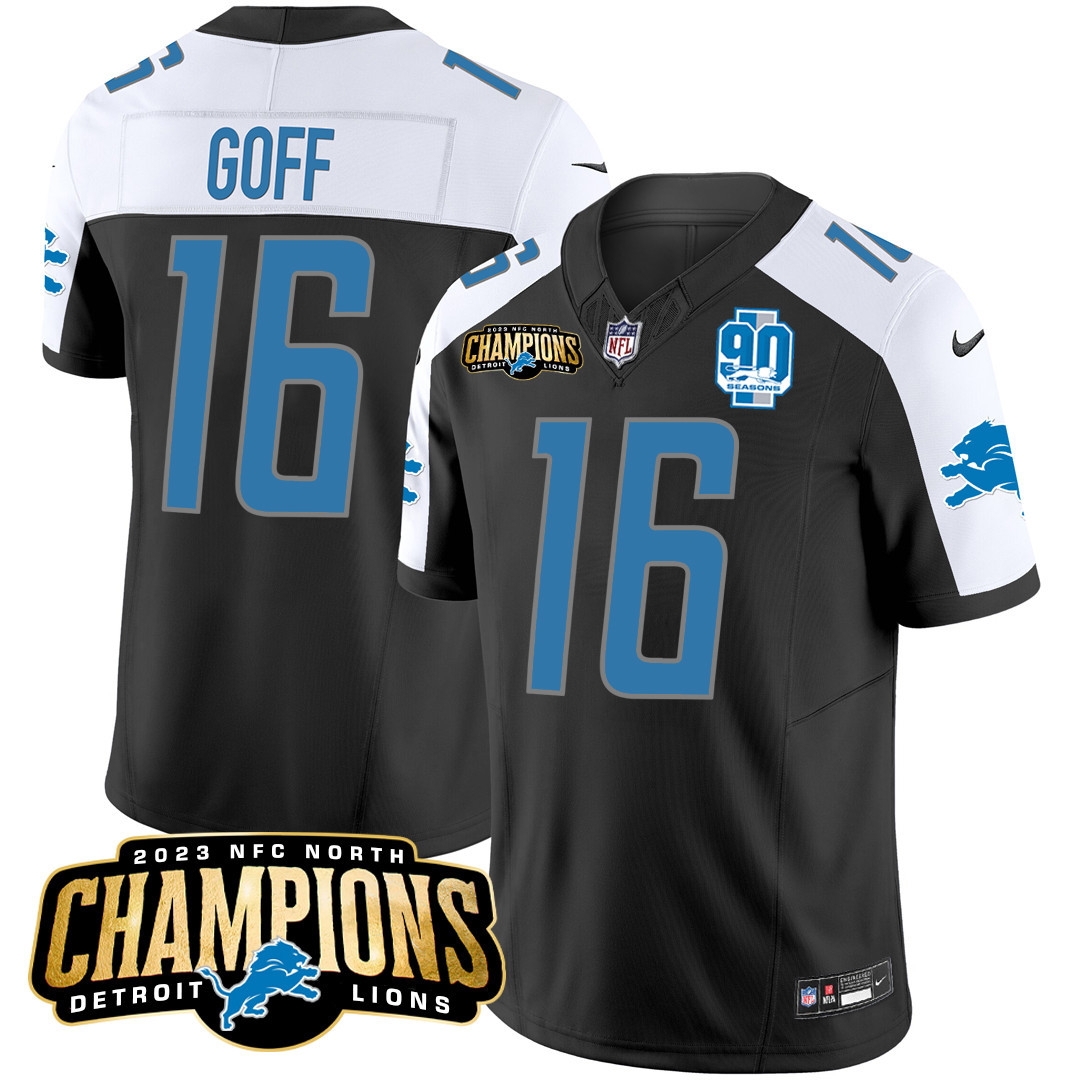 Jared Goff Men's Detroit Lions 2023 NFC North Champions Patch Vapor Black Alternate Jersey - All Stitched 