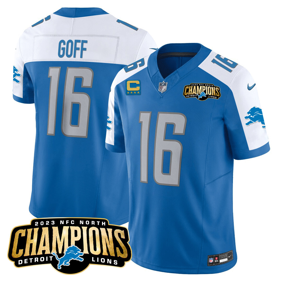 Jared Goff Men's Detroit Lions 2023 NFC North Champions Patch Vapor Blue Alternate Jersey - All Stitched 