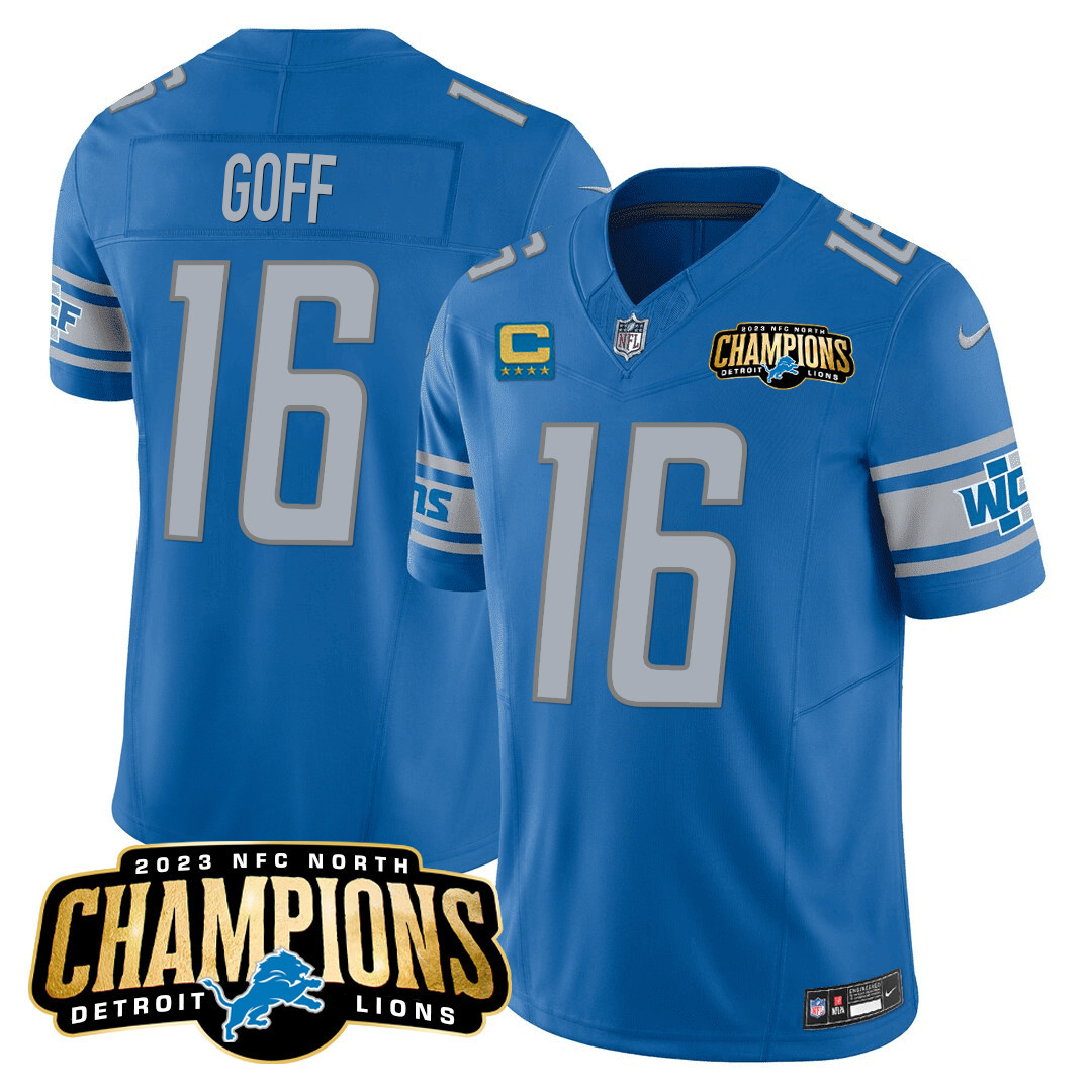 Jared Goff Men's Detroit Lions 2023 NFC North Champions Patch Vapor Blue Jersey - All Stitched 