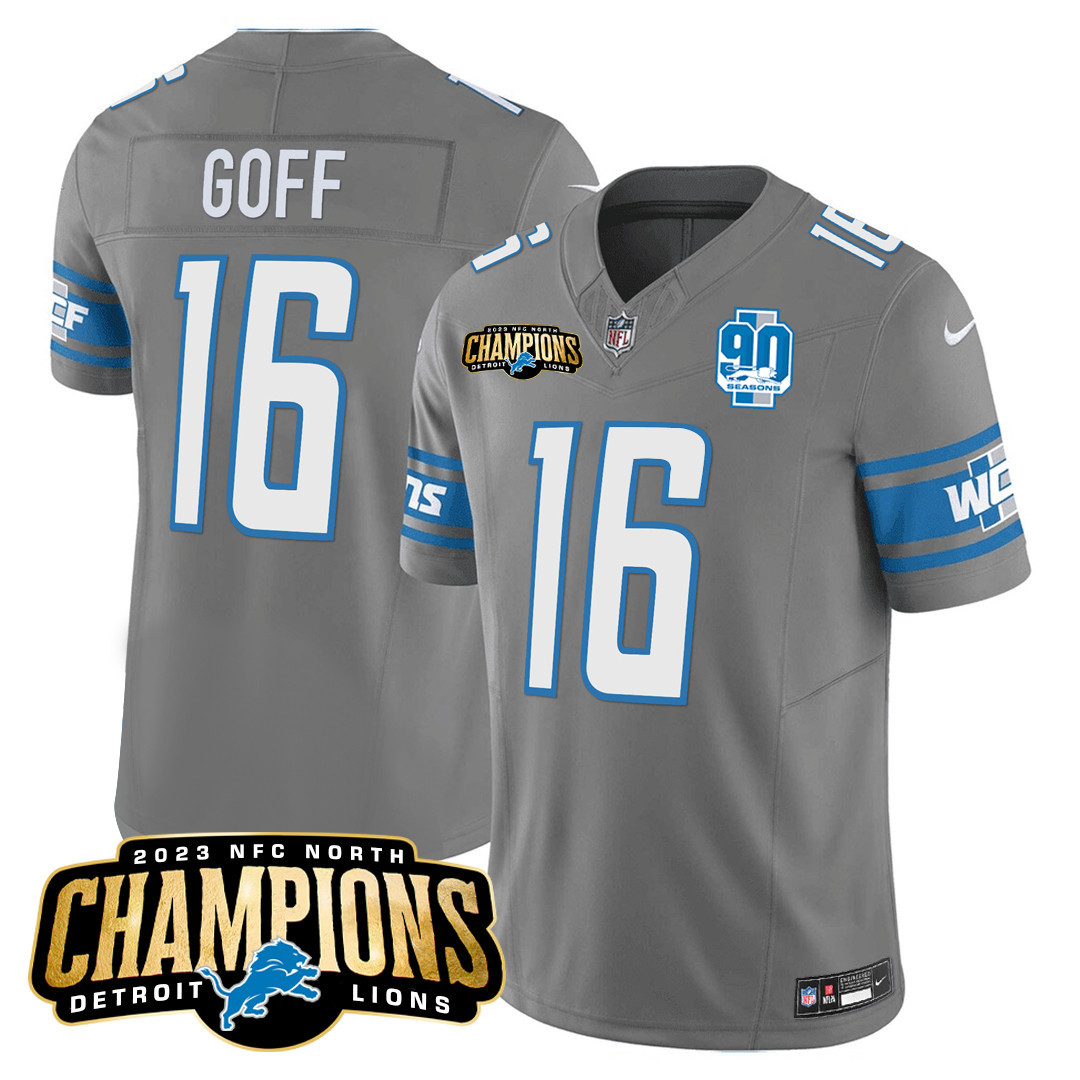 Jared Goff Men's Detroit Lions 2023 NFC North Champions Patch Vapor Gray Jersey - All Stitched 