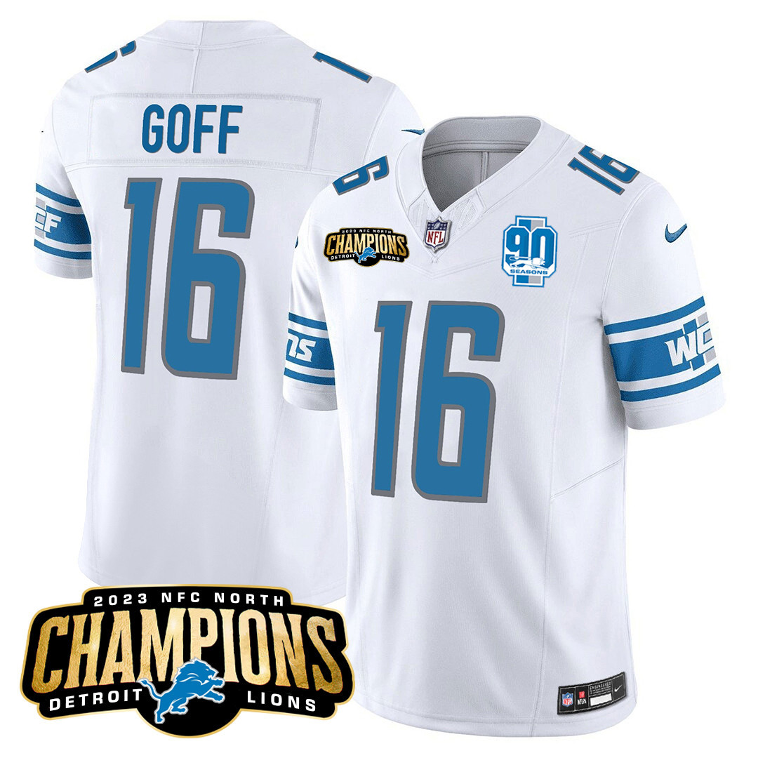 Jared Goff Men's Detroit Lions 2023 NFC North Champions Patch Vapor White Jersey - All Stitched 