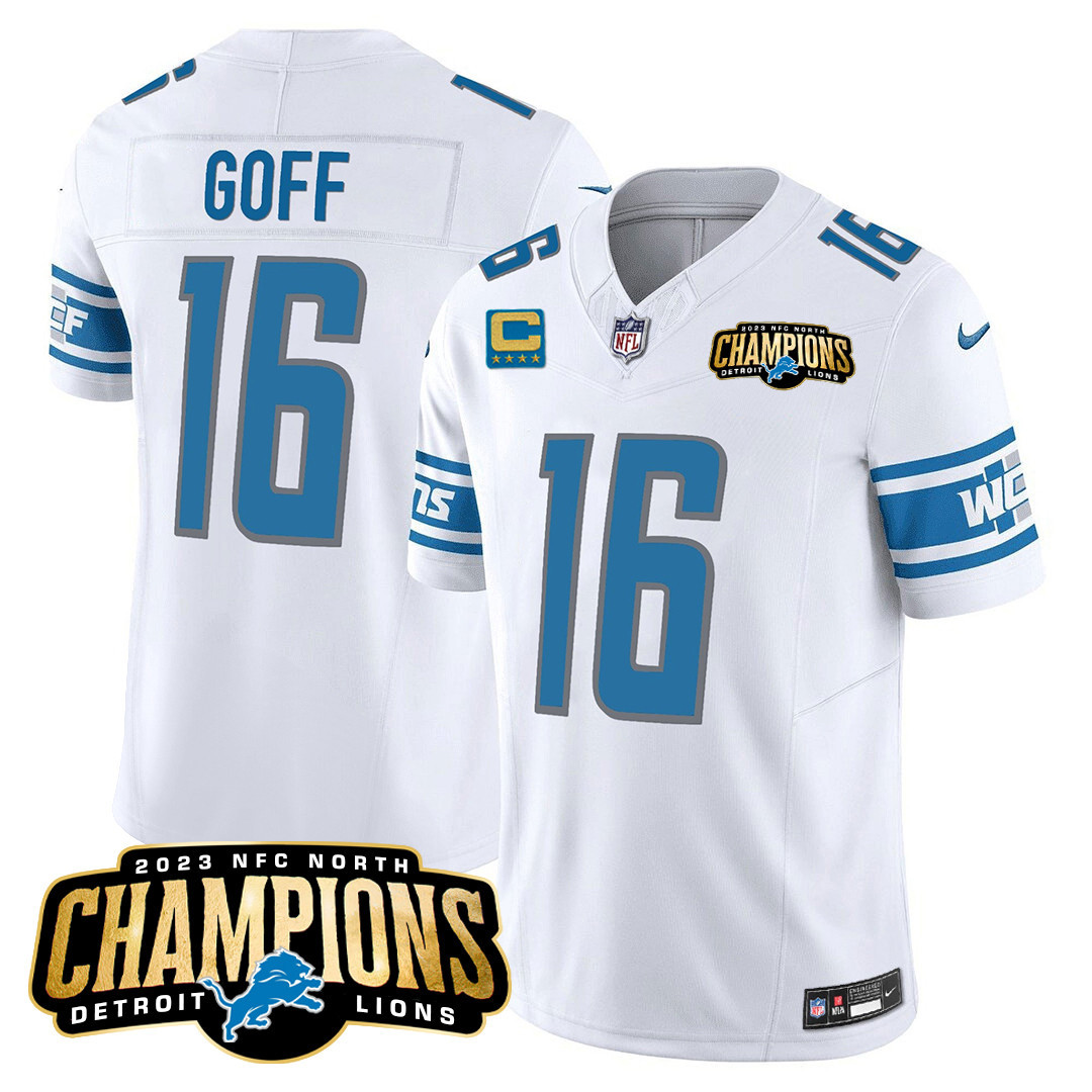 Jared Goff Men's Detroit Lions 2023 NFC North Champions Patch Vapor White Jersey - All Stitched 