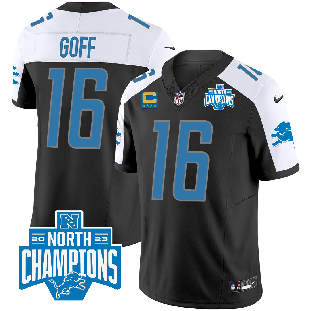 Jared Goff Men's Detroit Lions 2023 NFC North Division Champions Patch Vapor Black Alternate Jersey - All Stitched 