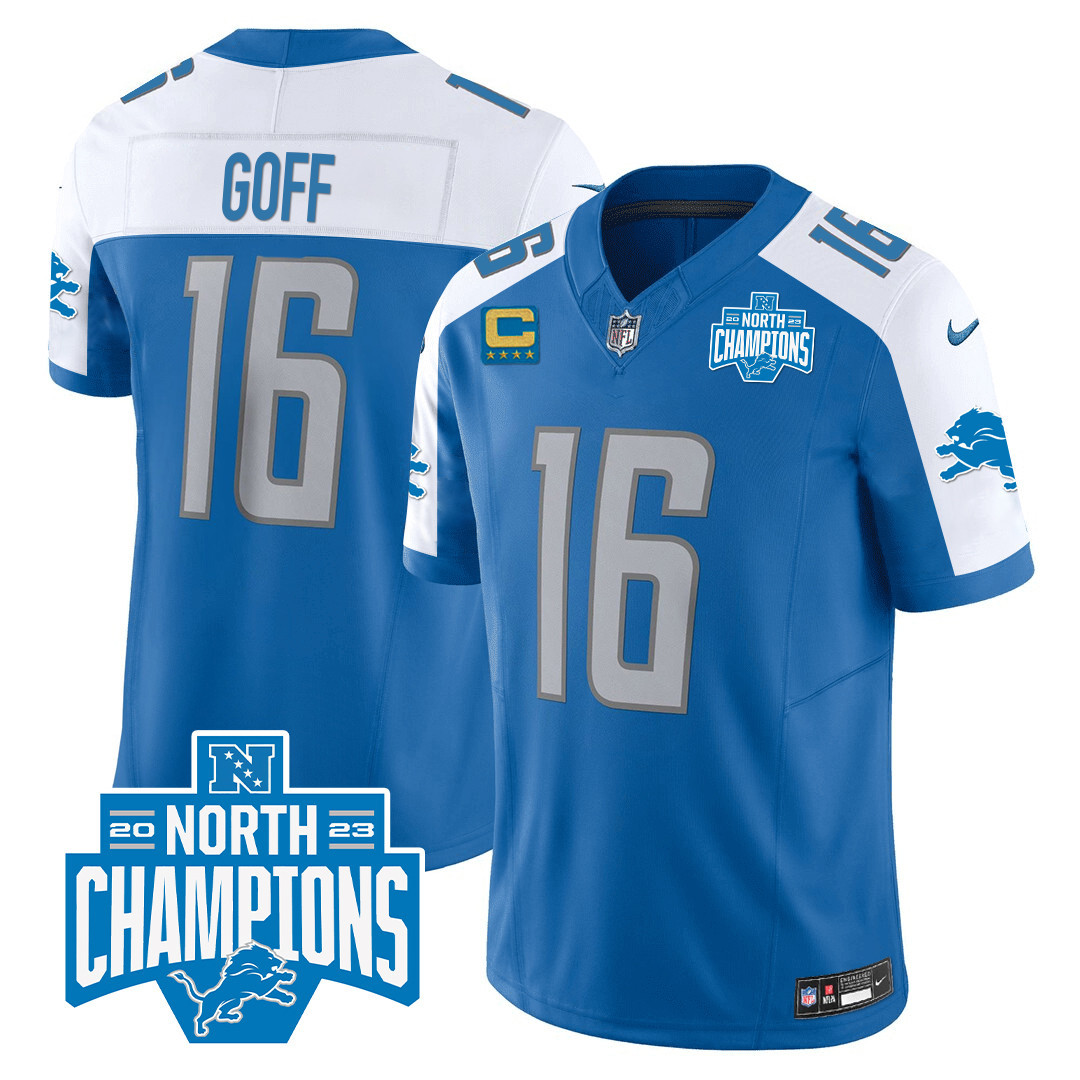 Jared Goff Men's Detroit Lions 2023 NFC North Division Champions Patch Vapor Blue Alternate Jersey - All Stitched 