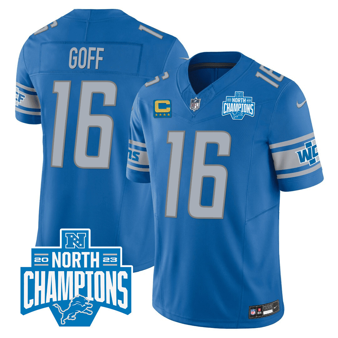 Jared Goff Men's Detroit Lions 2023 NFC North Division Champions Patch Vapor Blue Jersey - All Stitched 