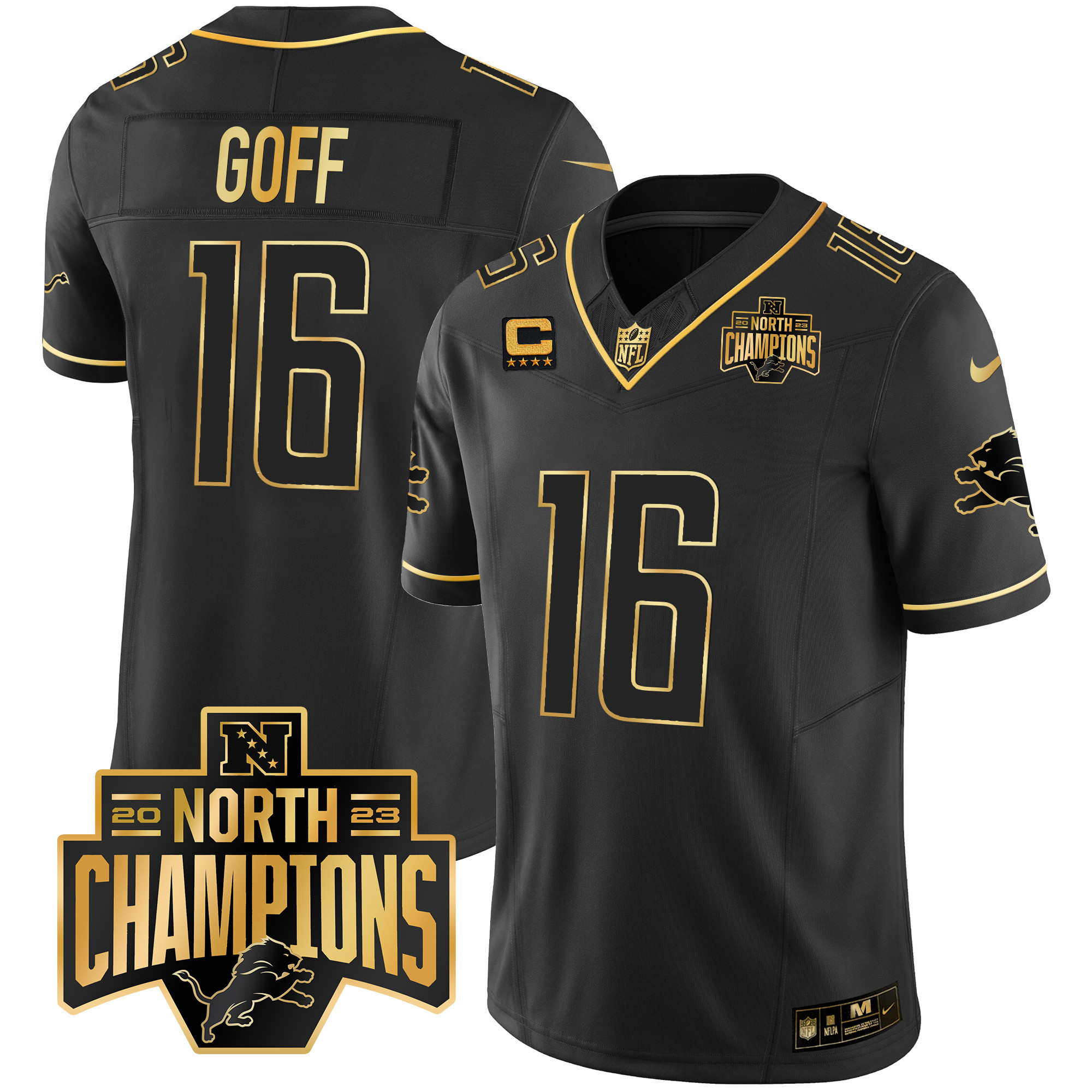 Jared Goff Men's Detroit Lions 2023 NFC North Division Champions Patch Vapor Gold Black Gold Jersey - All Stitched 