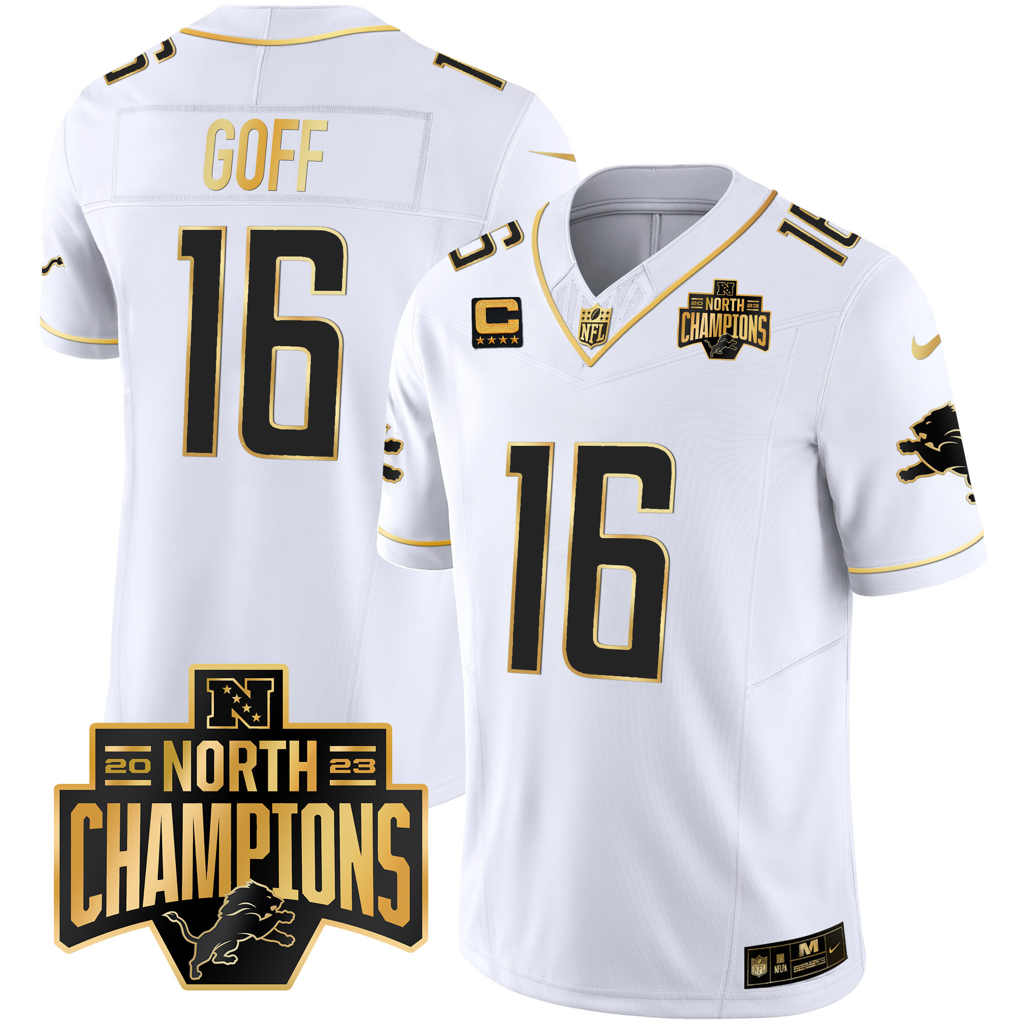 Jared Goff Men's Detroit Lions 2023 NFC North Division Champions Patch Vapor Gold White Gold Jersey - All Stitched 