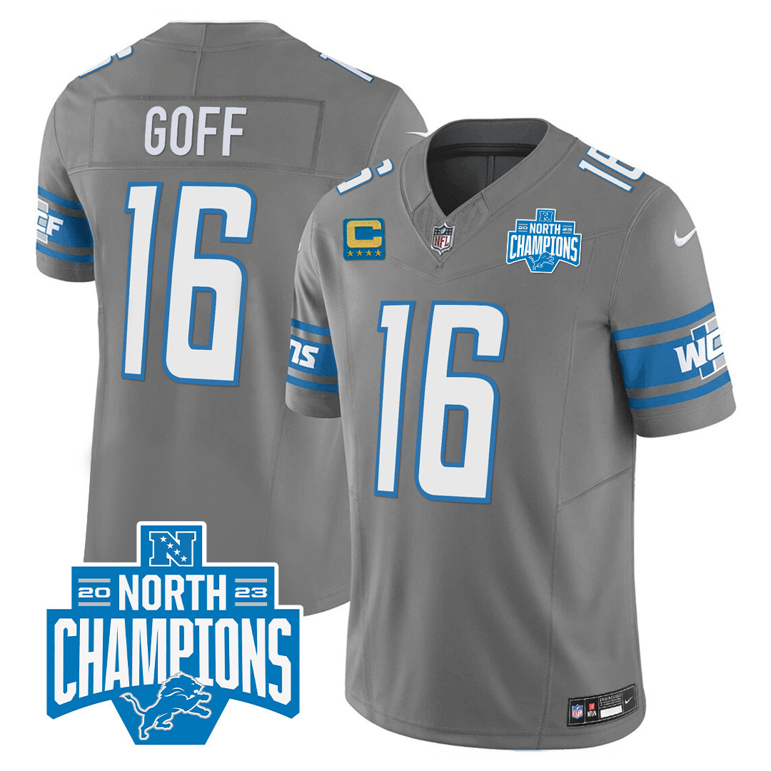 Jared Goff Men's Detroit Lions 2023 NFC North Division Champions Patch Vapor Gray Jersey - All Stitched 