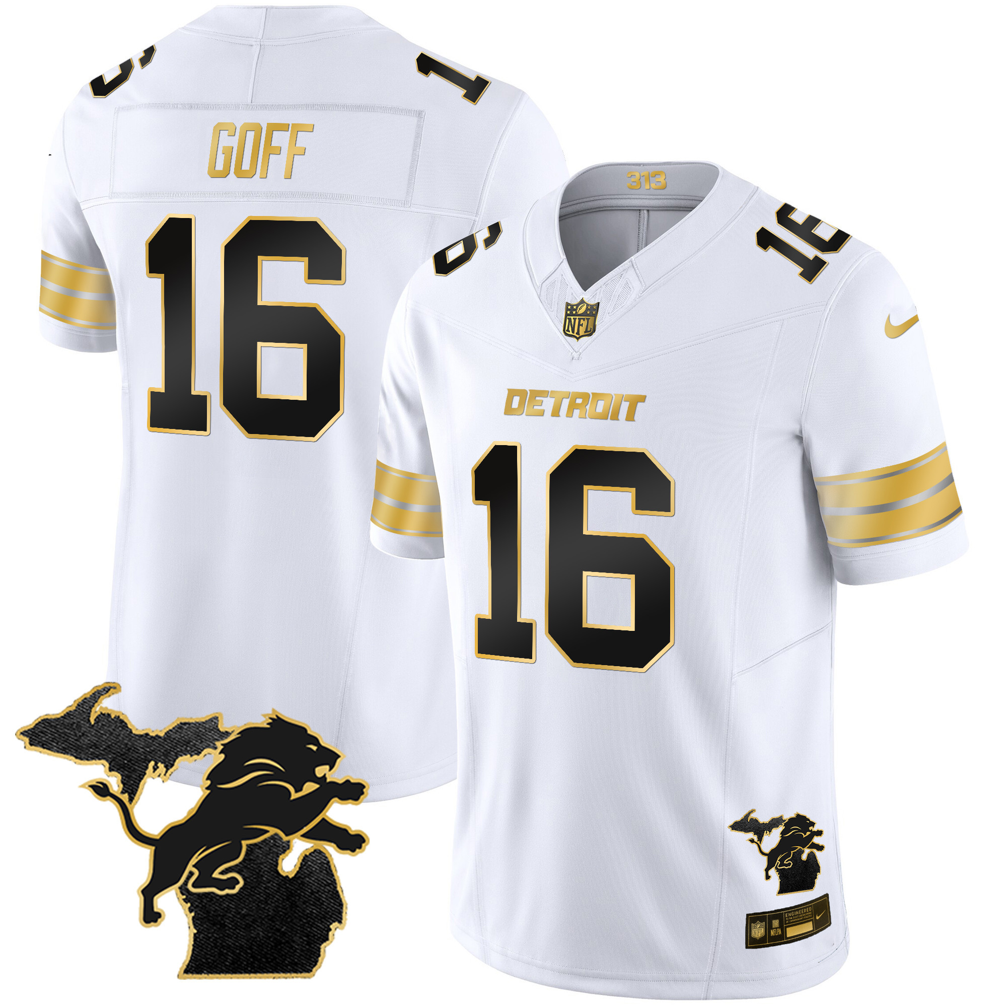 Jared Goff Men's Detroit Lions 2024 Michigan Patch Gold Vapor White Gold Jersey - All Stitched 