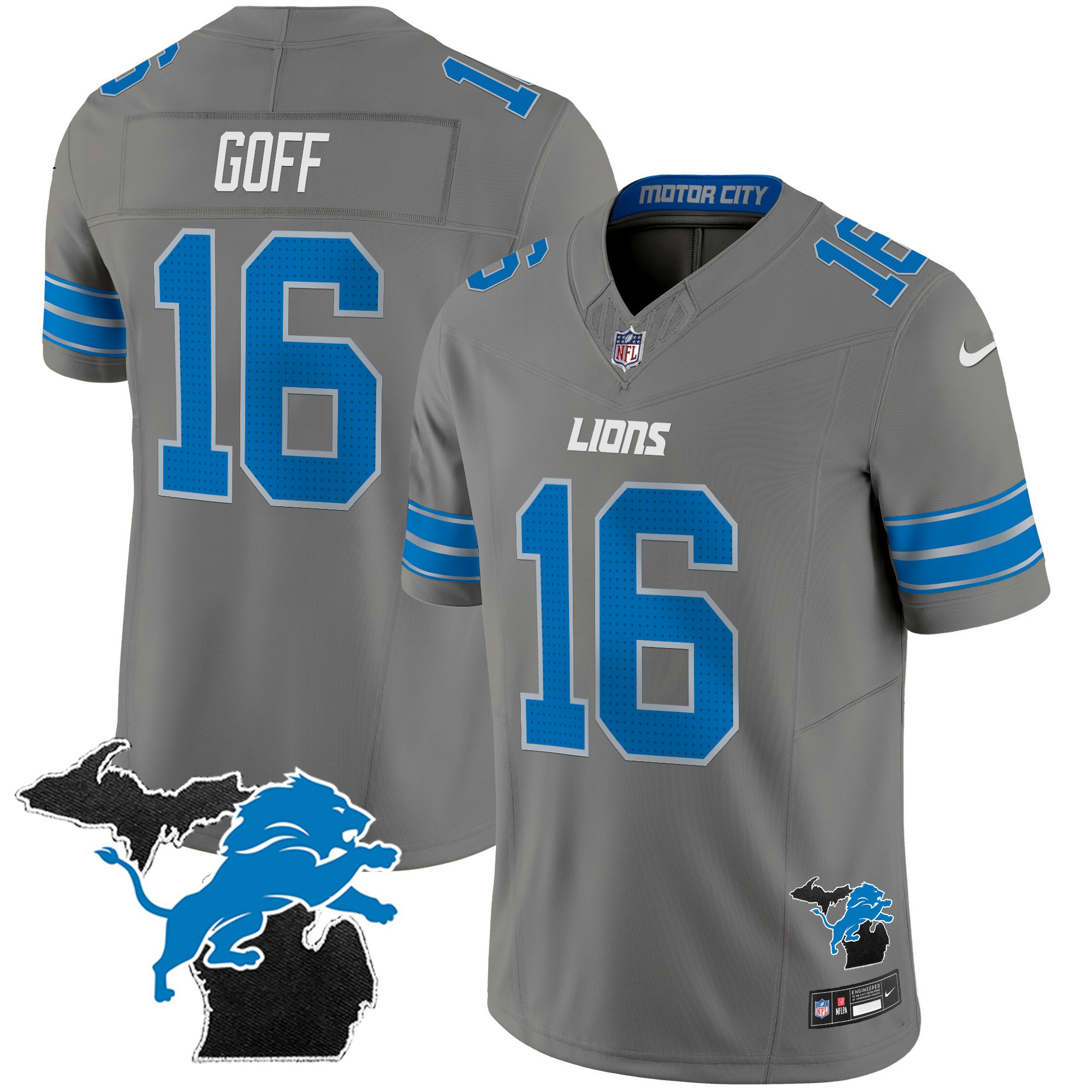 Jared Goff Men's Detroit Lions 2024 Michigan Patch Vapor Limited Gray Jersey - All Stitched 