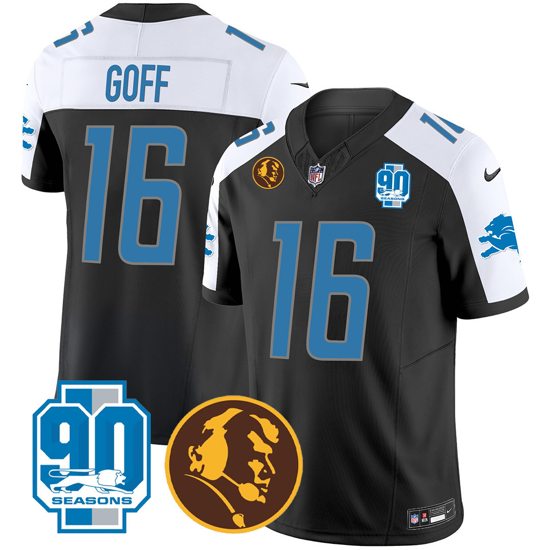 Jared Goff Men's Detroit Lions 90th & John Madden Patch Black Alternate Jersey - All Stitched 