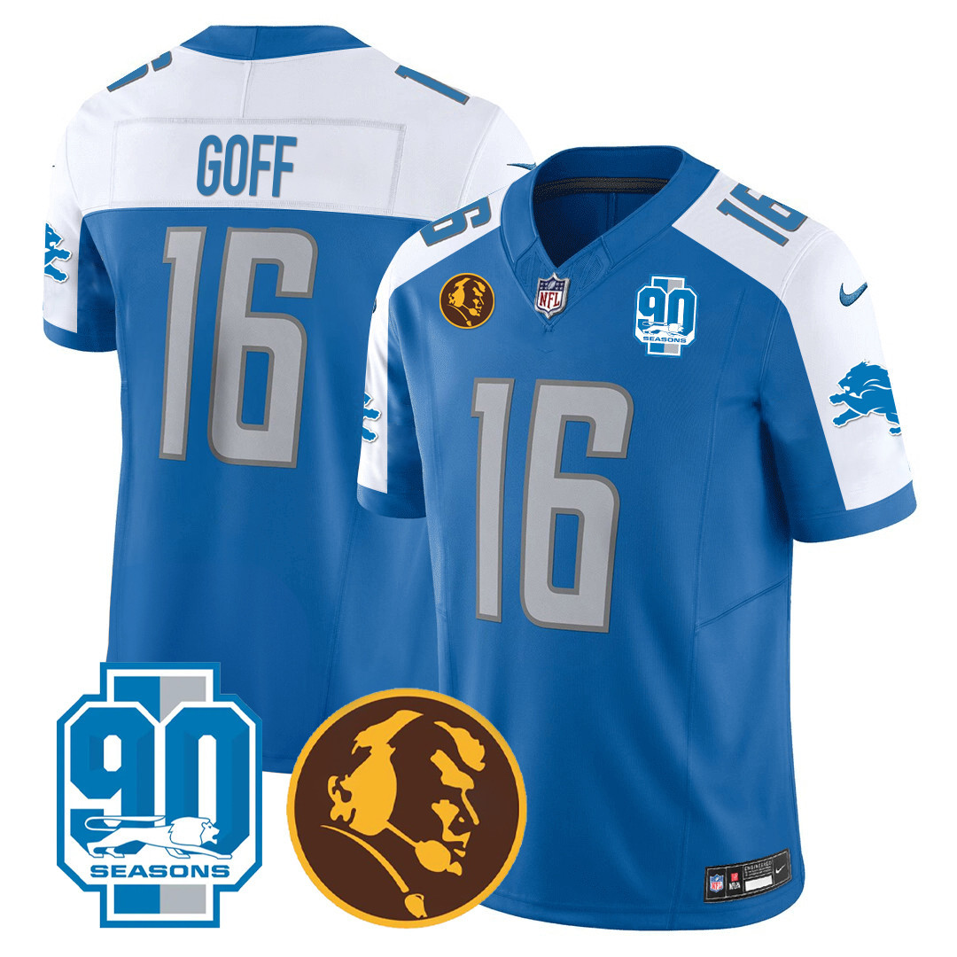 Jared Goff Men's Detroit Lions 90th & John Madden Patch Blue Alternate Jersey - All Stitched 