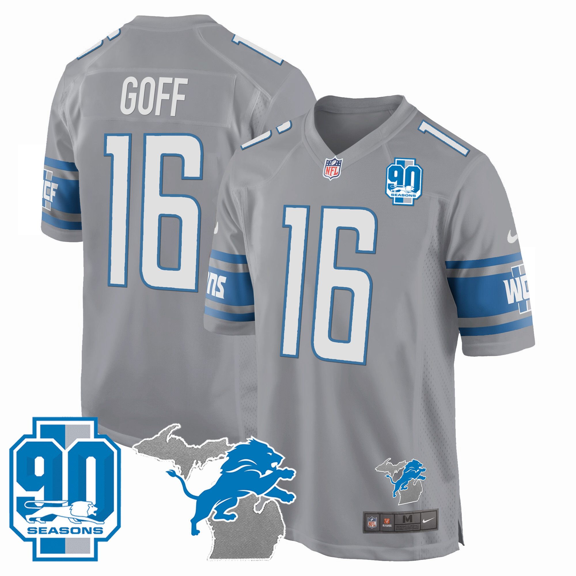 Jared Goff Men's Detroit Lions 90th Year & Michigan Patch Game Gray Jersey - All Stitched 
