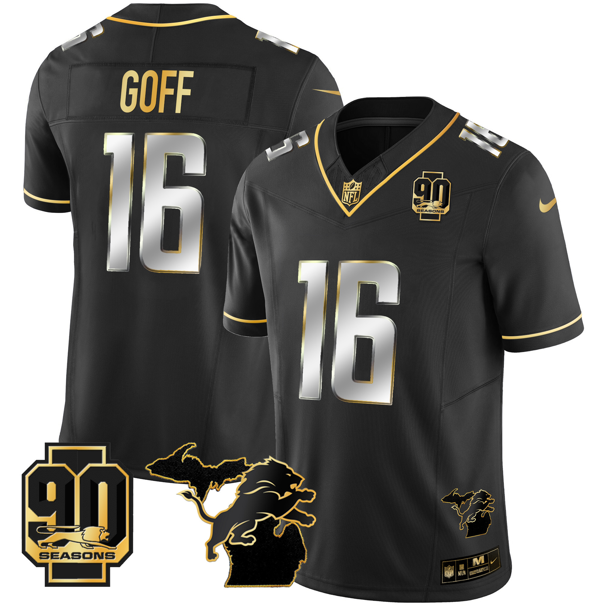 Jared Goff Men's Detroit Lions 90th Year & Michigan Patch Gold Vapor Black Limited Jersey - All Stitched 