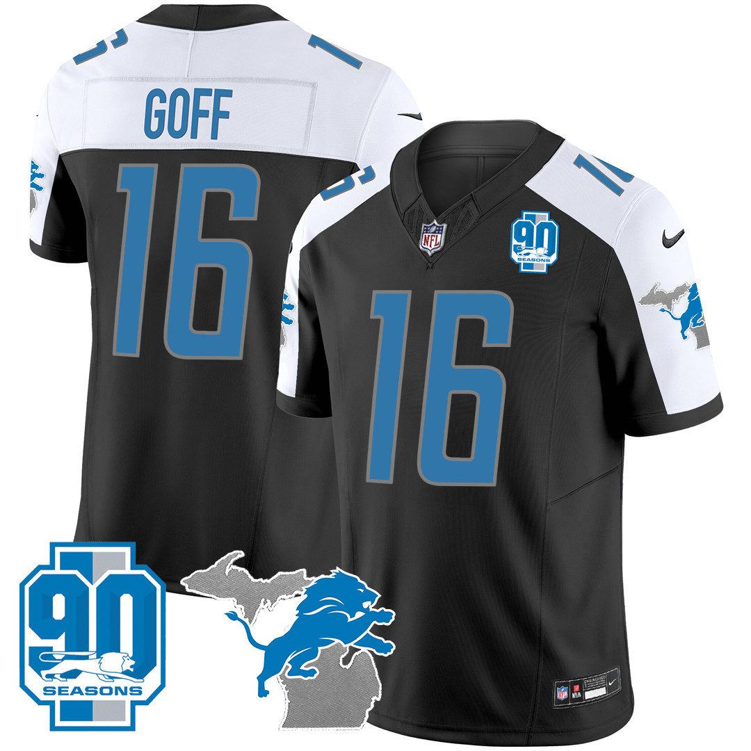 Jared Goff Men's Detroit Lions 90th Year & Michigan Patch Vapor Black Alternate Jersey - All Stitched 