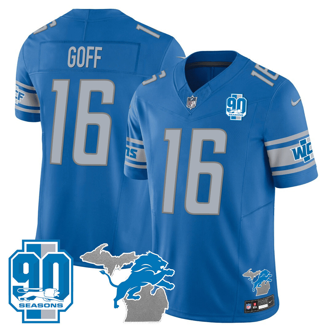 Jared Goff Men's Detroit Lions 90th Year & Michigan Patch Vapor Blue Jersey - All Stitched 