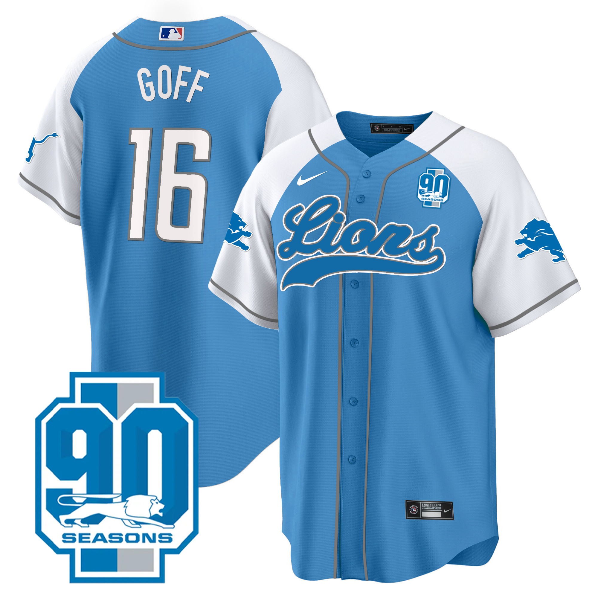 Jared Goff Men's Detroit Lions 90th Year Patch Baseball Blue Alternate Jersey - All Stitched 