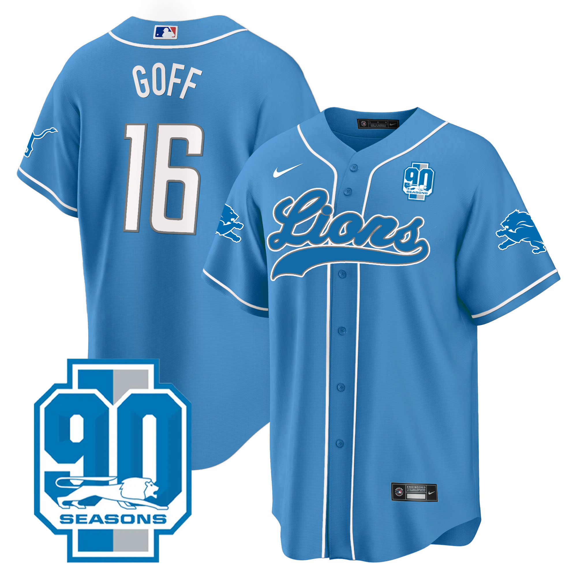 Jared Goff Men's Detroit Lions 90th Year Patch Baseball Blue Jersey - All Stitched 
