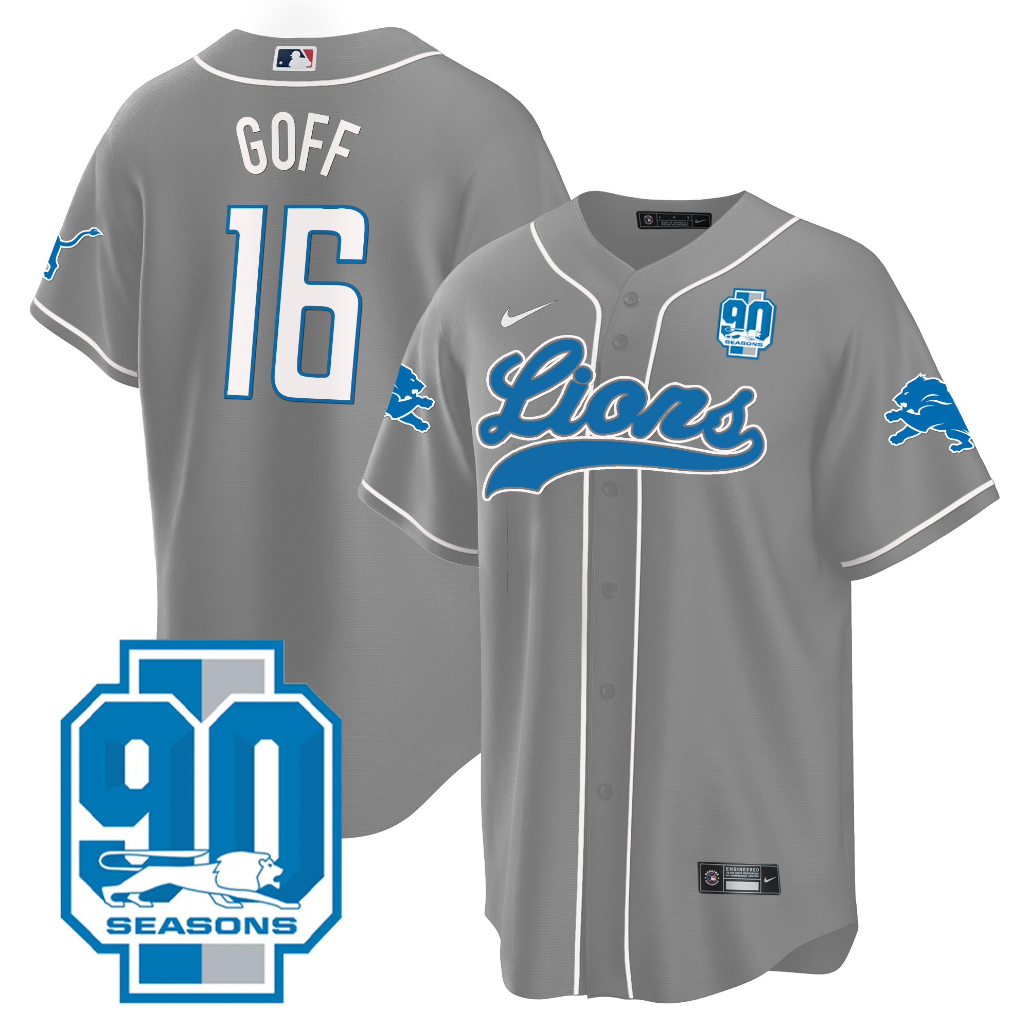 Jared Goff Men's Detroit Lions 90th Year Patch Baseball Gray Jersey - All Stitched 