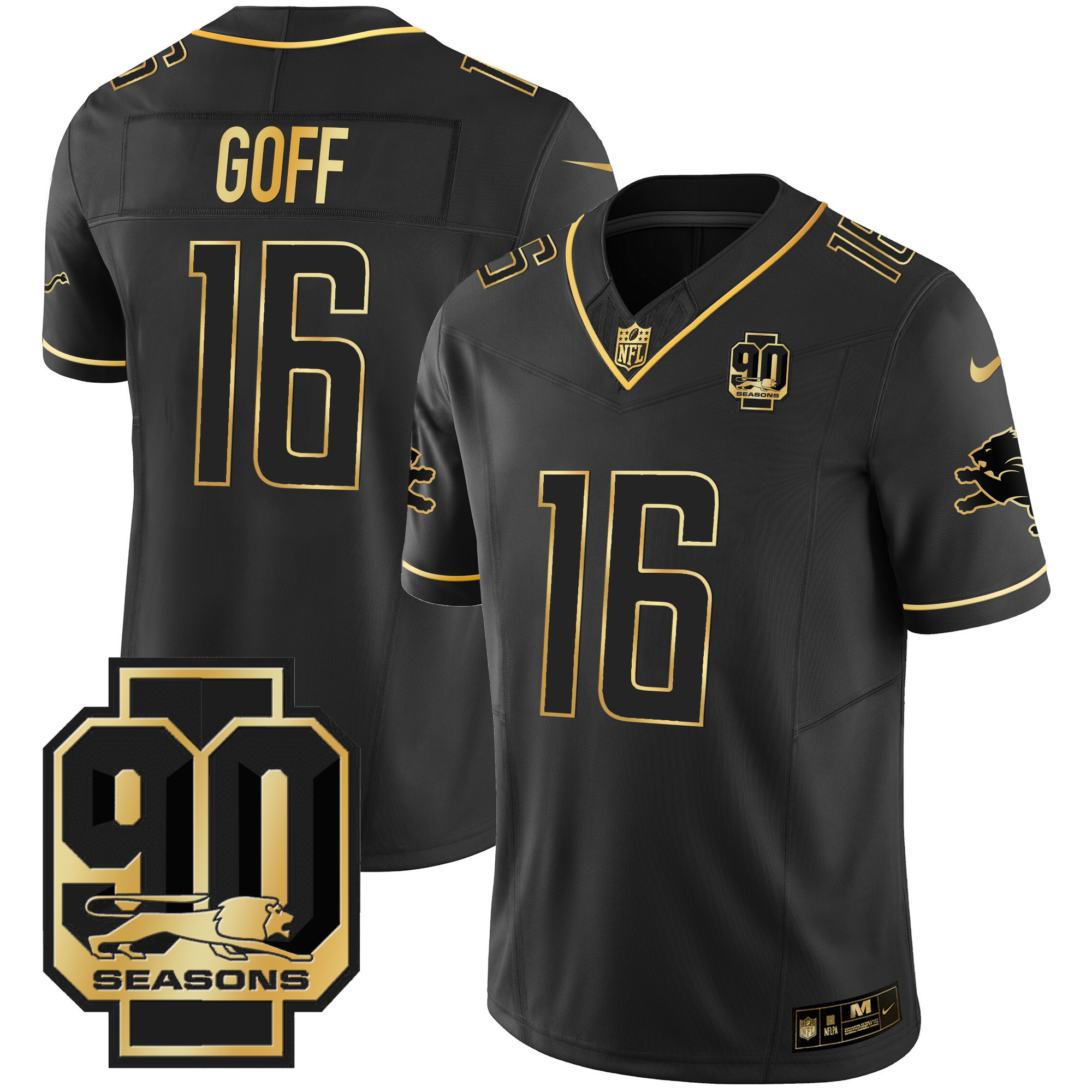 Jared Goff Men's Detroit Lions 90th Year Patch Gold Black Gold Jersey - All Stitched 