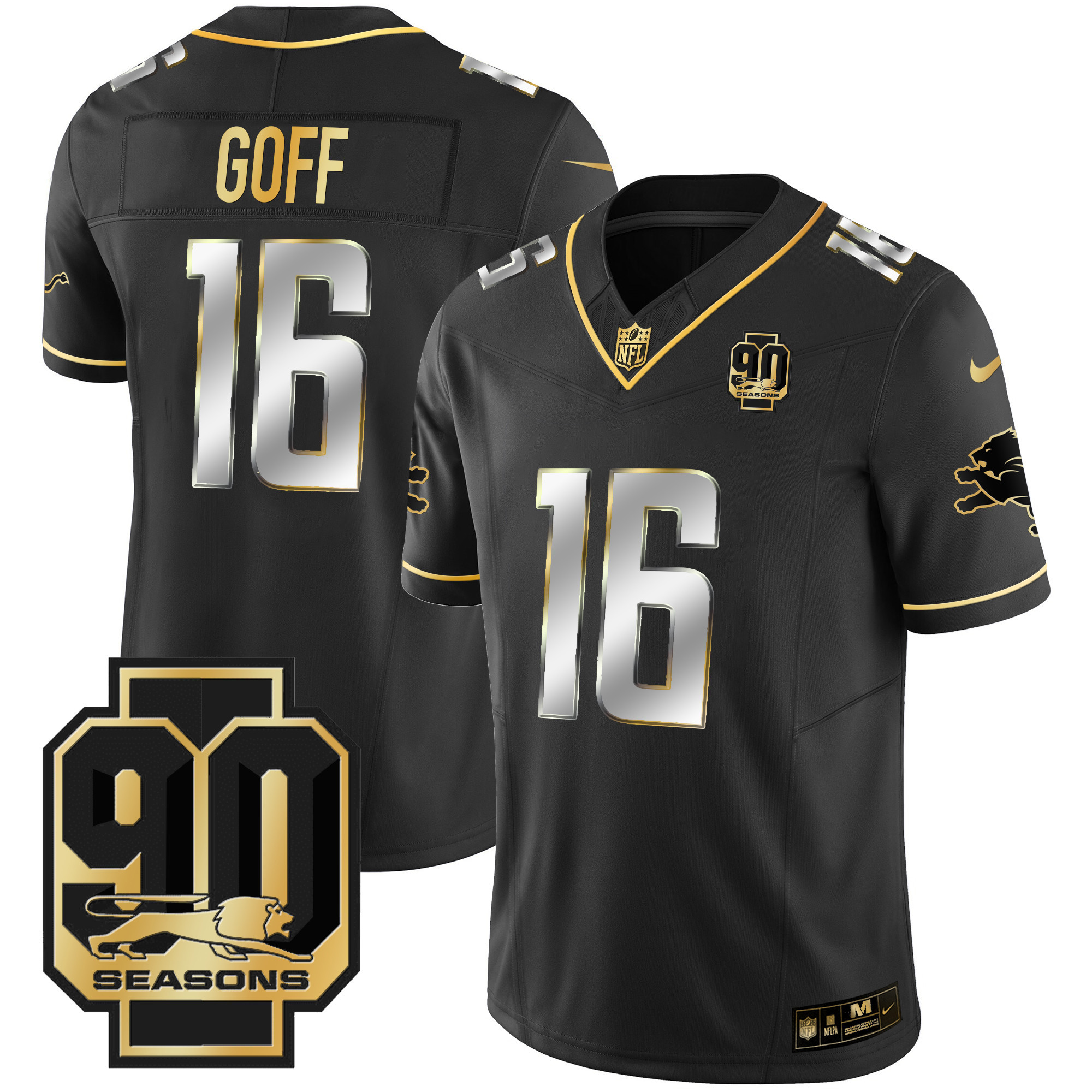 Jared Goff Men's Detroit Lions 90th Year Patch Gold Black Limited Jersey - All Stitched 