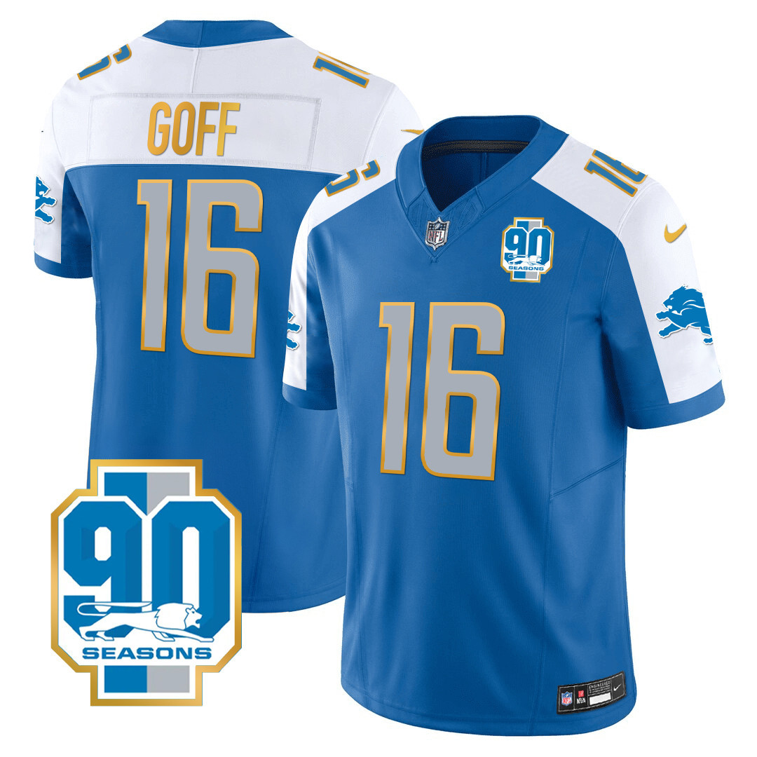 Jared Goff Men's Detroit Lions 90th Year Patch Gold Trim Blue Alternate Jersey - All Stitched 