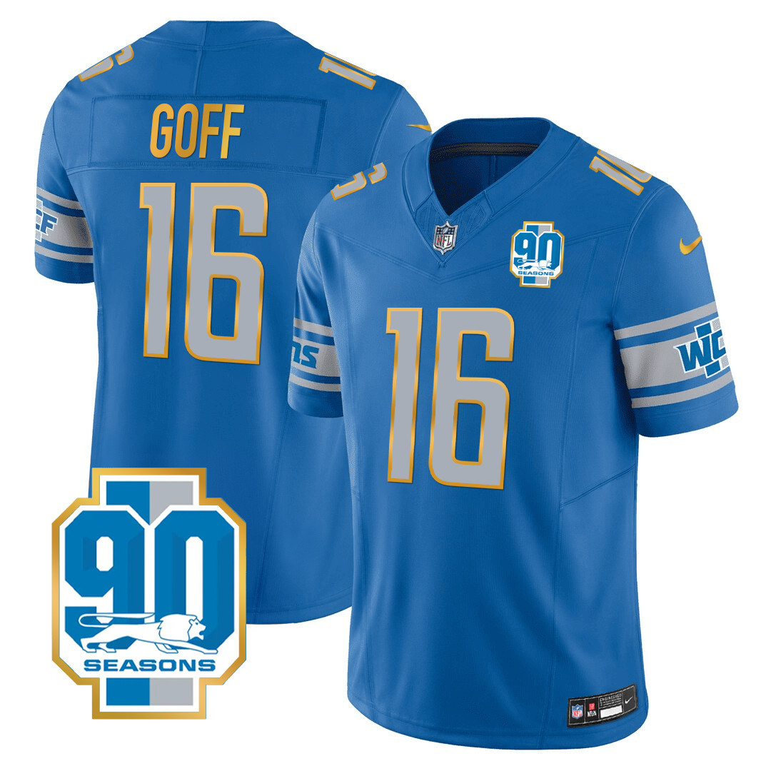 Jared Goff Men's Detroit Lions 90th Year Patch Gold Trim Blue Jersey - All Stitched 