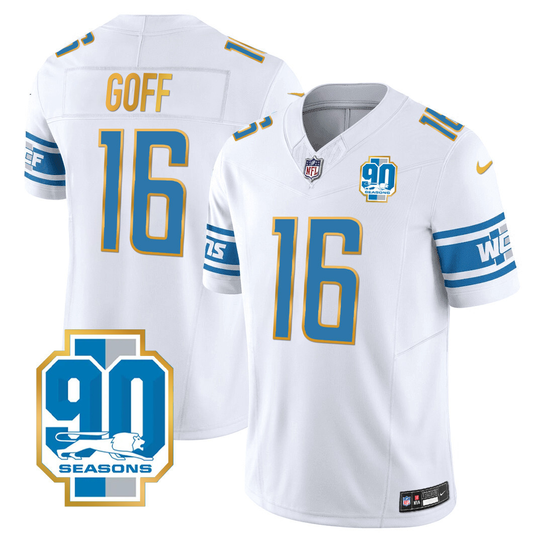 Jared Goff Men's Detroit Lions 90th Year Patch Gold Trim White Jersey - All Stitched 