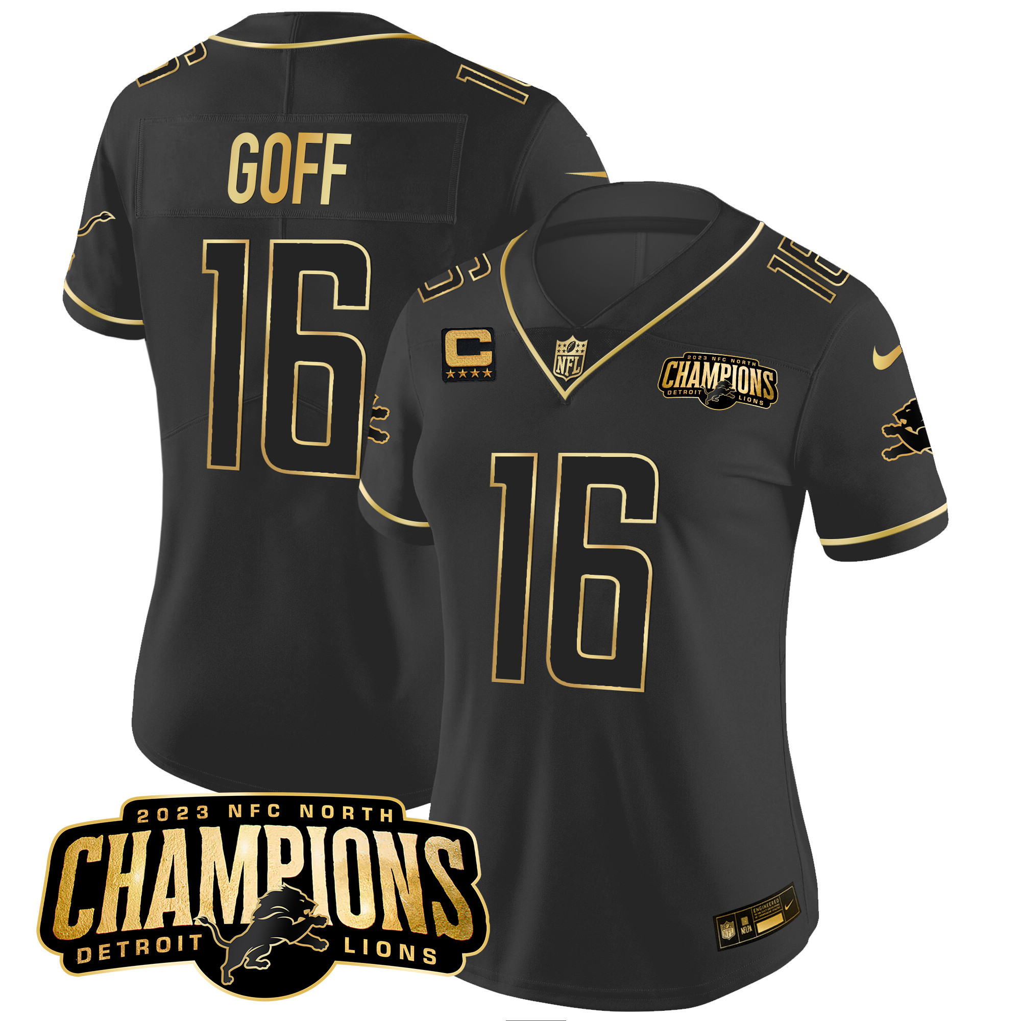 Jared Goff Women's Detroit Lions 2023 NFC North Champions Patch Gold Vapor Black Gold Jersey - All Stitched 