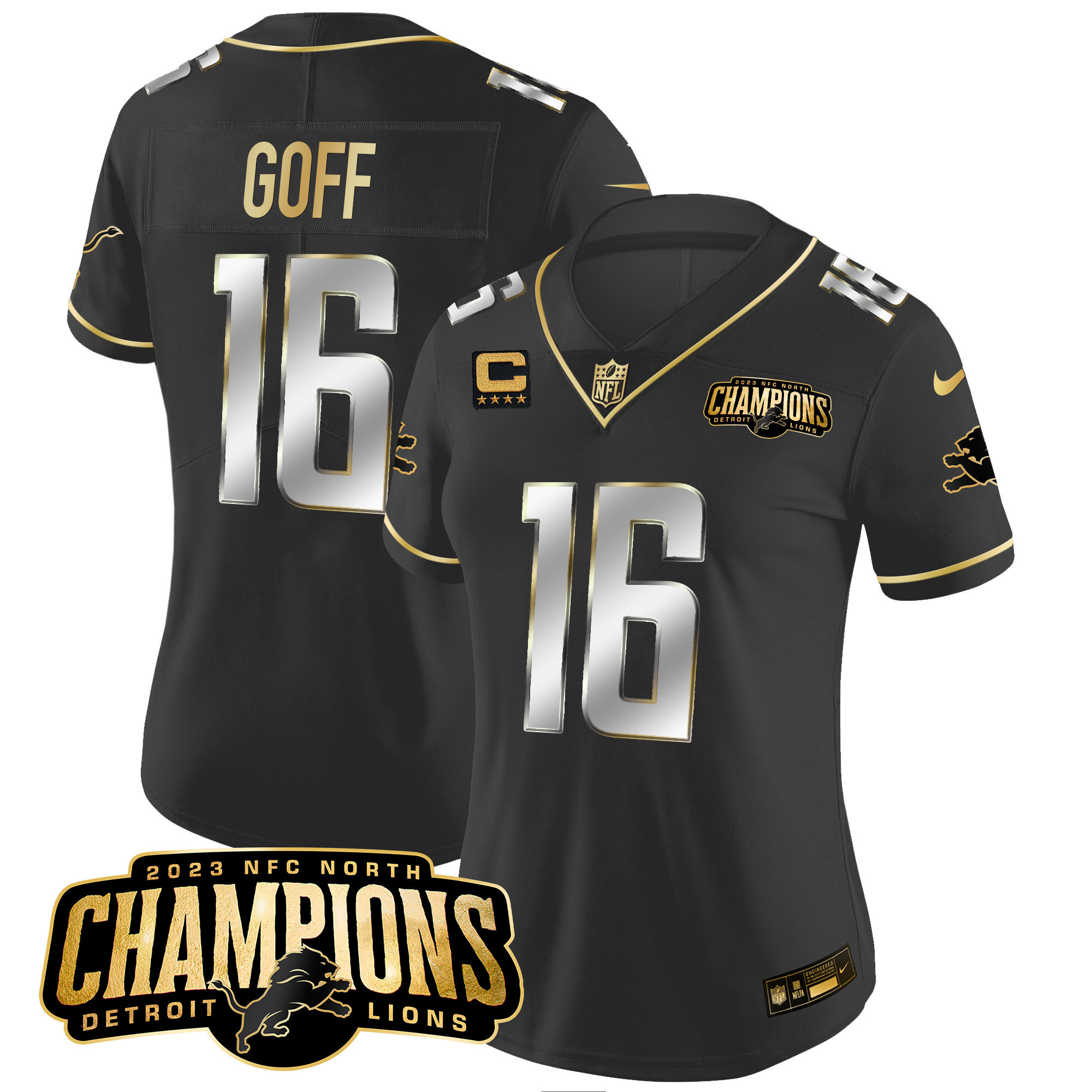 Jared Goff Women's Detroit Lions 2023 NFC North Champions Patch Gold Vapor Black Limited Jersey - All Stitched 