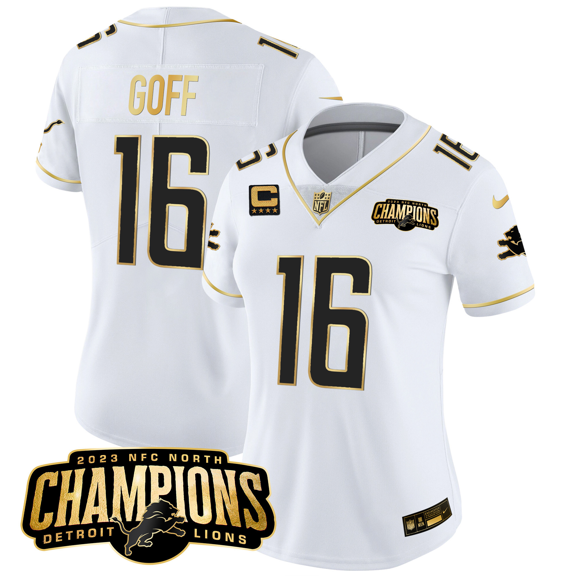 Jared Goff Women's Detroit Lions 2023 NFC North Champions Patch Gold Vapor White Gold Jersey - All Stitched 