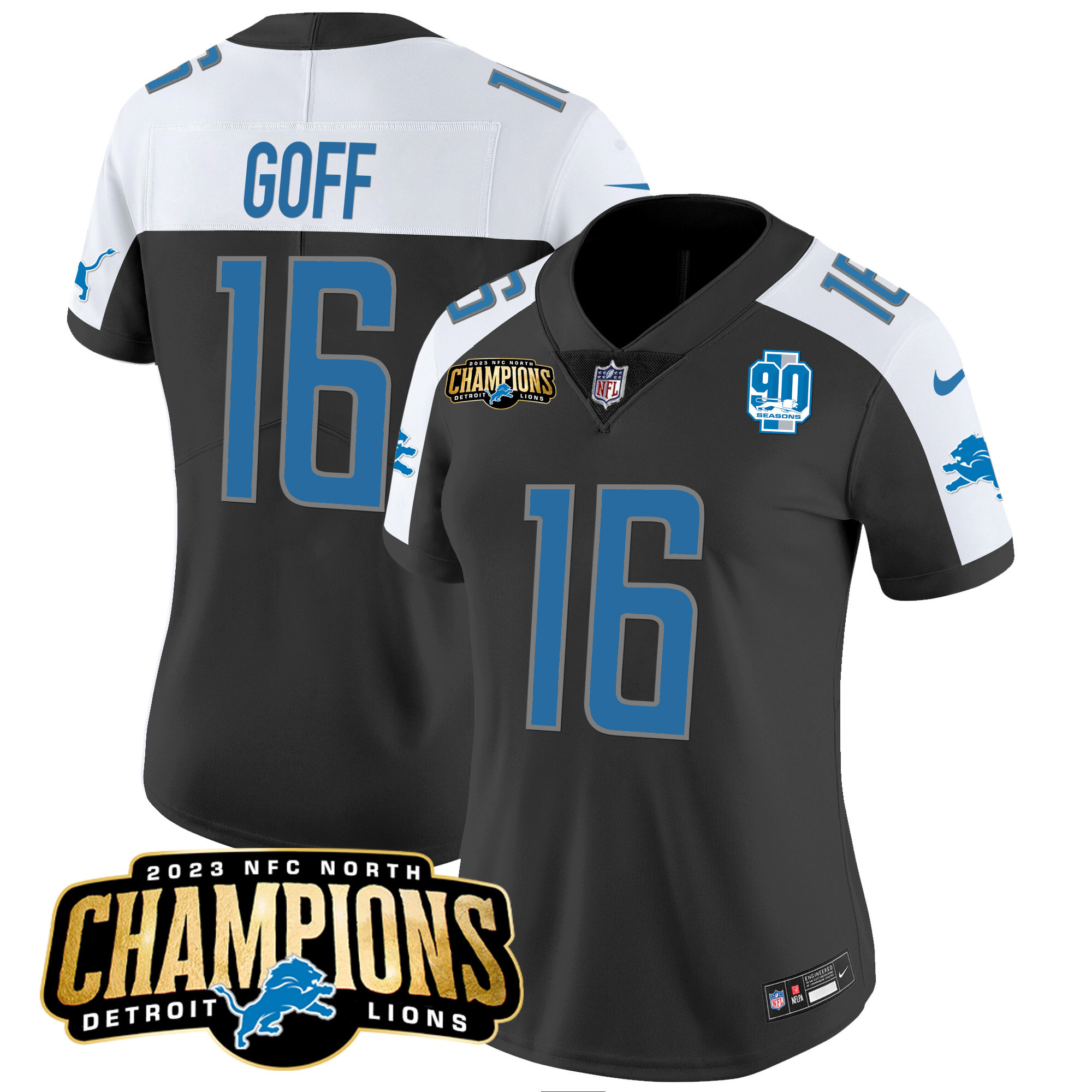 Jared Goff Women's Detroit Lions 2023 NFC North Champions Patch Vapor Black Alternate Jersey - All Stitched 