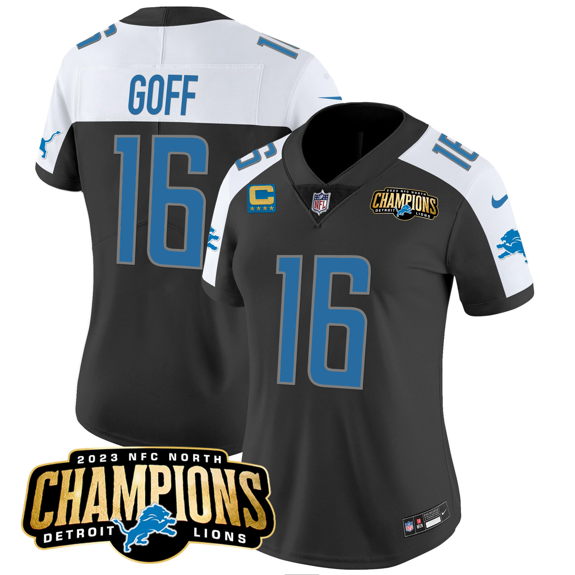 Jared Goff Women's Detroit Lions 2023 NFC North Champions Patch Vapor Black Alternate Jersey - All Stitched 