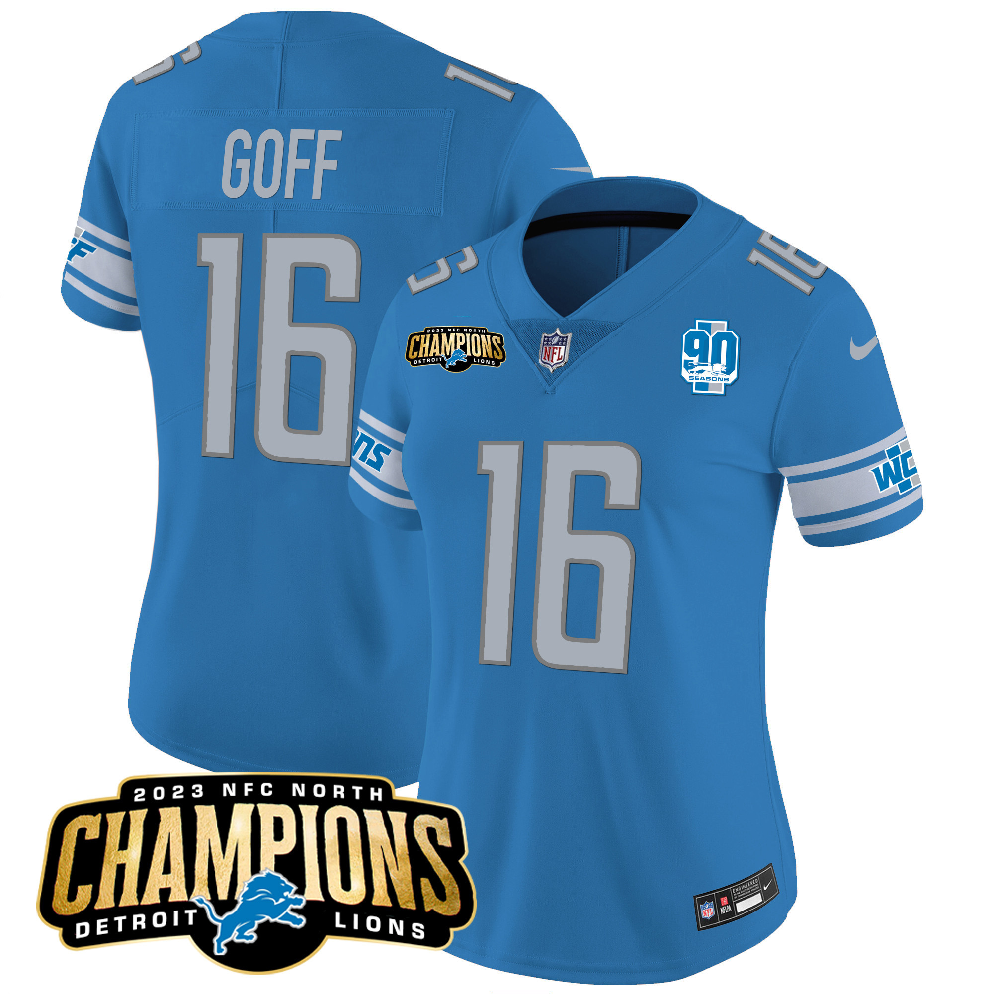 Jared Goff Women's Detroit Lions 2023 NFC North Champions Patch Vapor Blue Jersey - All Stitched 