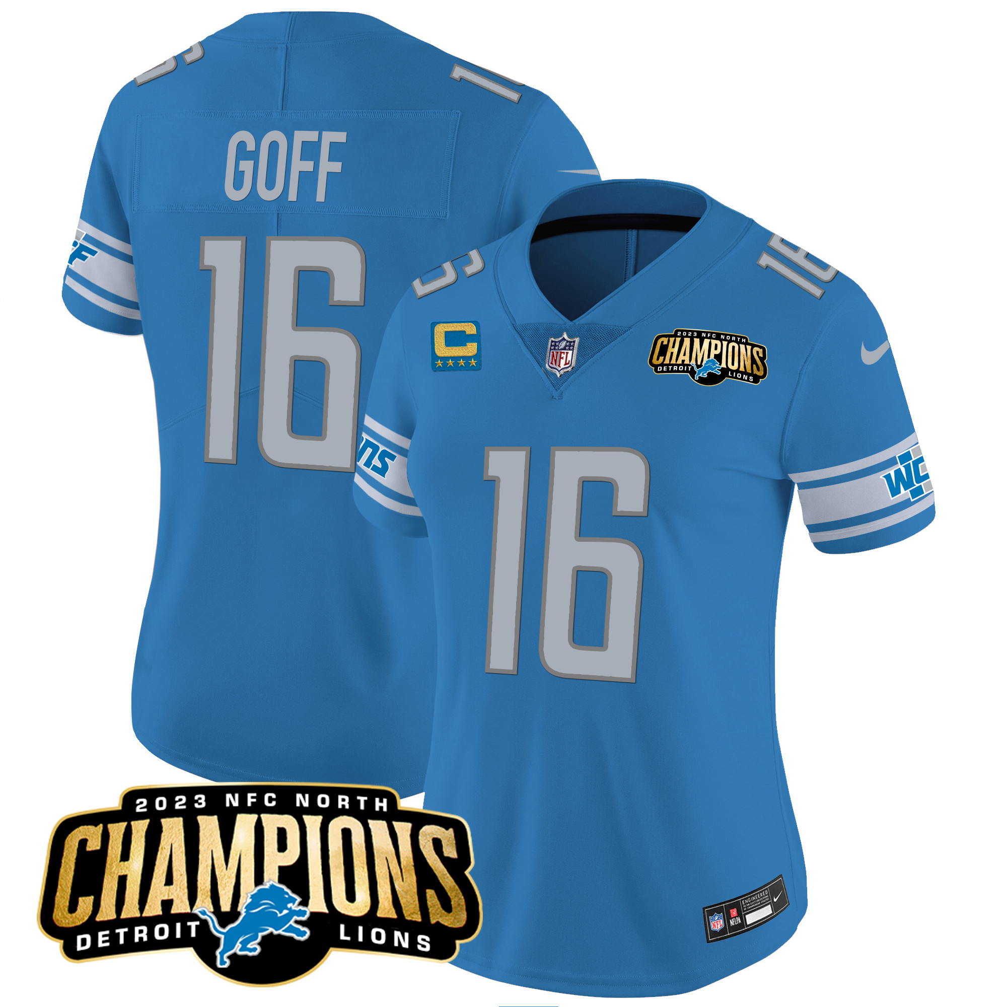 Jared Goff Women's Detroit Lions 2023 NFC North Champions Patch Vapor Blue Jersey - All Stitched 
