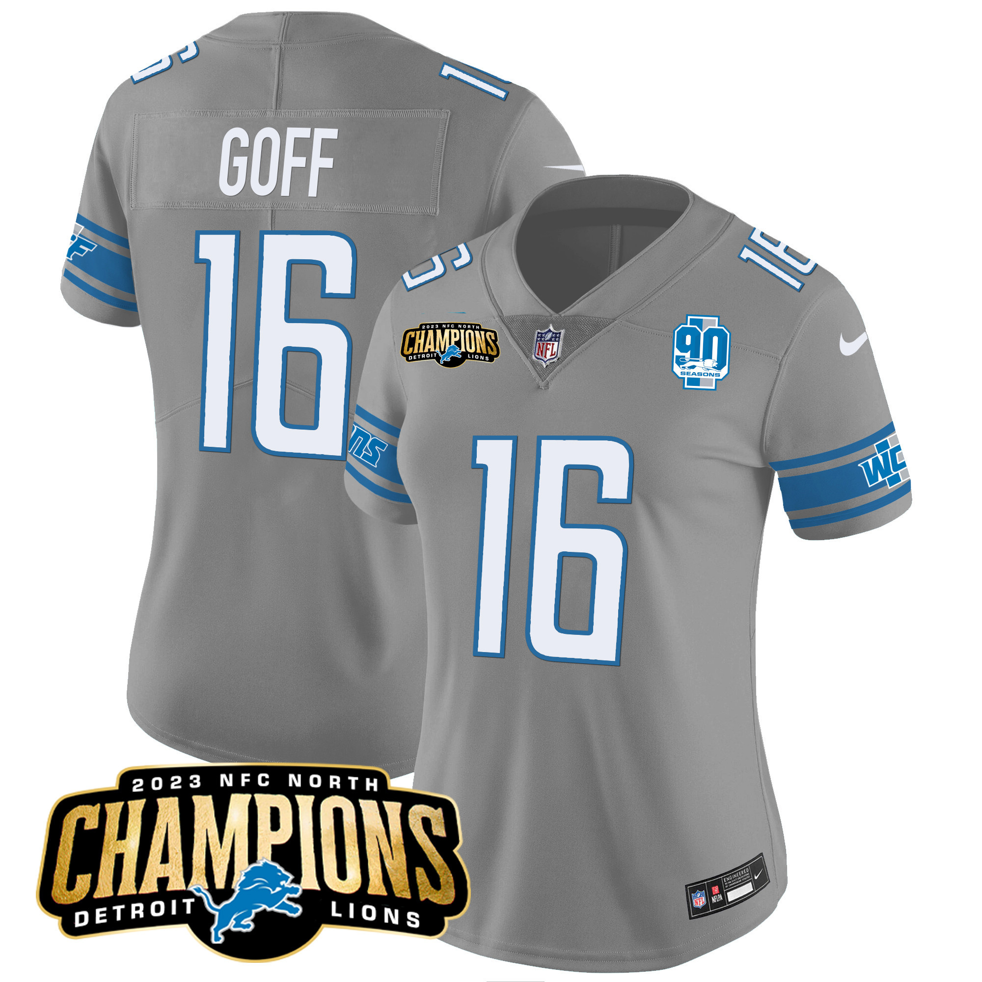 Jared Goff Women's Detroit Lions 2023 NFC North Champions Patch Vapor Gray Jersey - All Stitched 