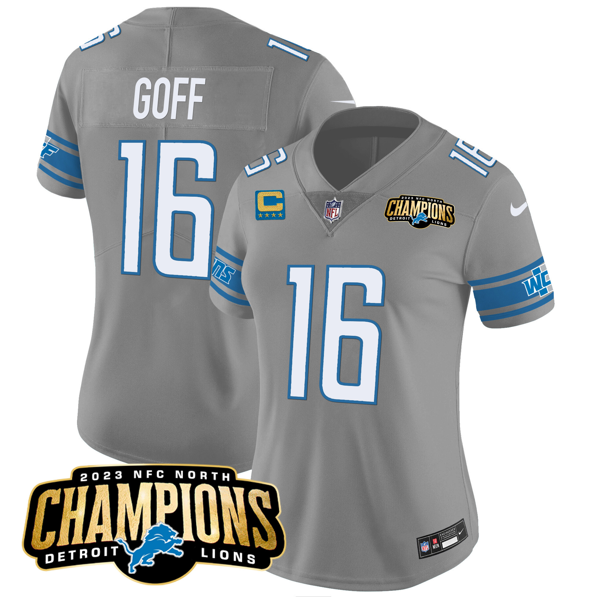 Jared Goff Women's Detroit Lions 2023 NFC North Champions Patch Vapor Gray Jersey - All Stitched 