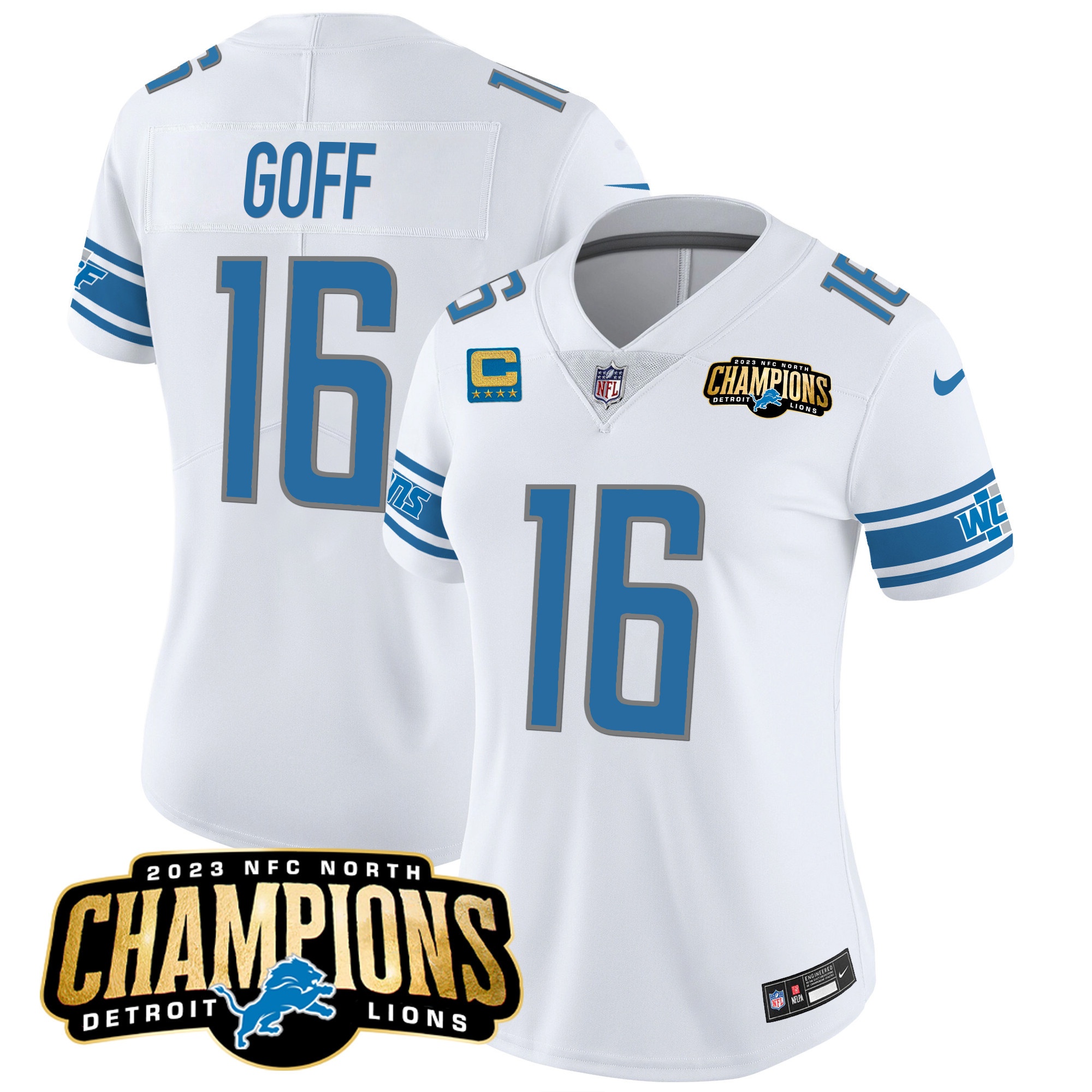 Jared Goff Women's Detroit Lions 2023 NFC North Champions Patch Vapor White Jersey - All Stitched 