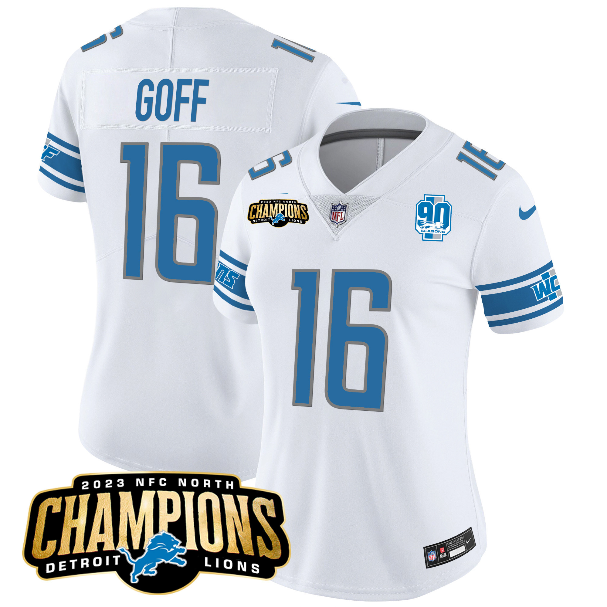 Jared Goff Women's Detroit Lions 2023 NFC North Champions Patch Vapor White Jersey - All Stitched 