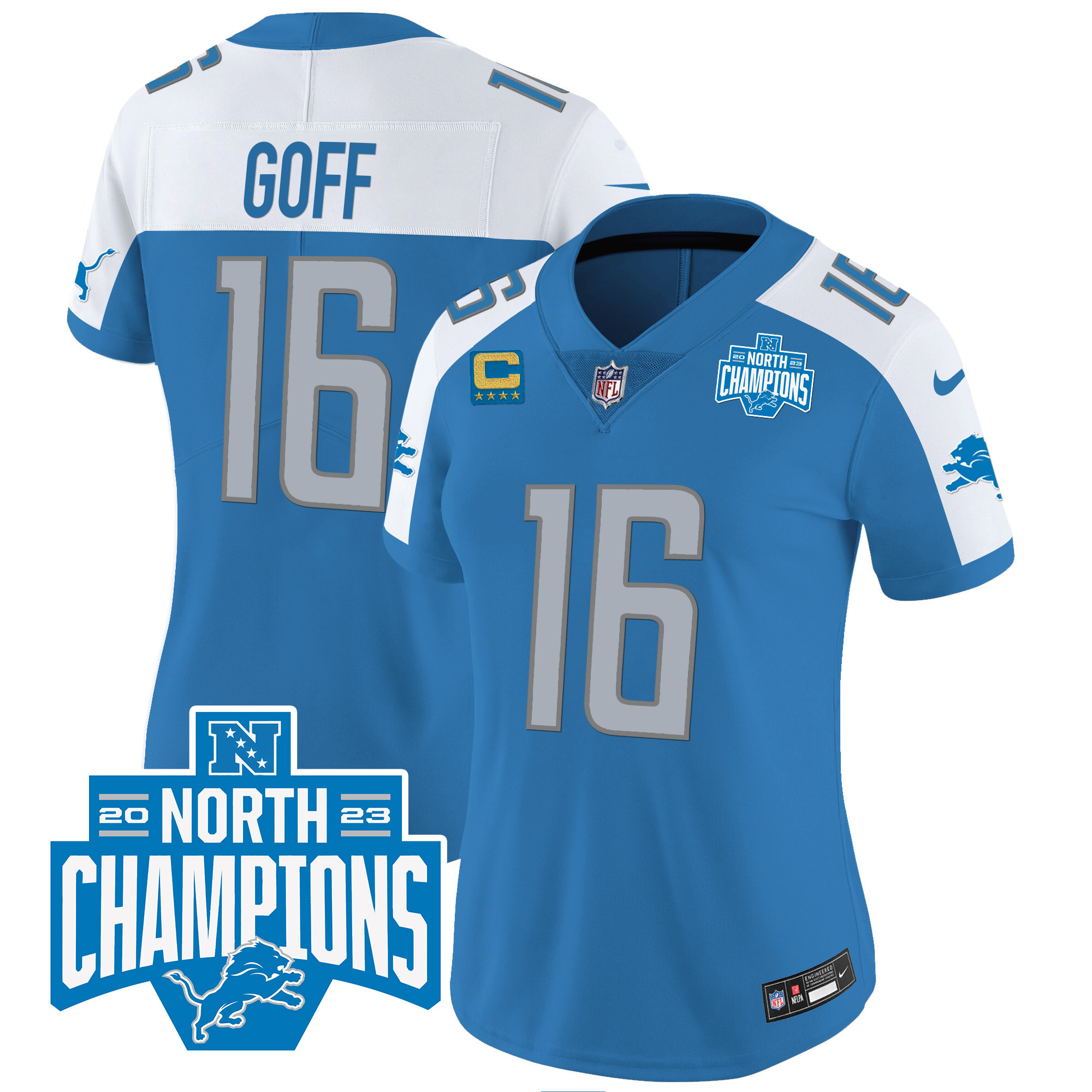 Jared Goff Women's Detroit Lions 2023 NFC North Division Champions Patch Vapor Blue Alternate Jersey - All Stitched 