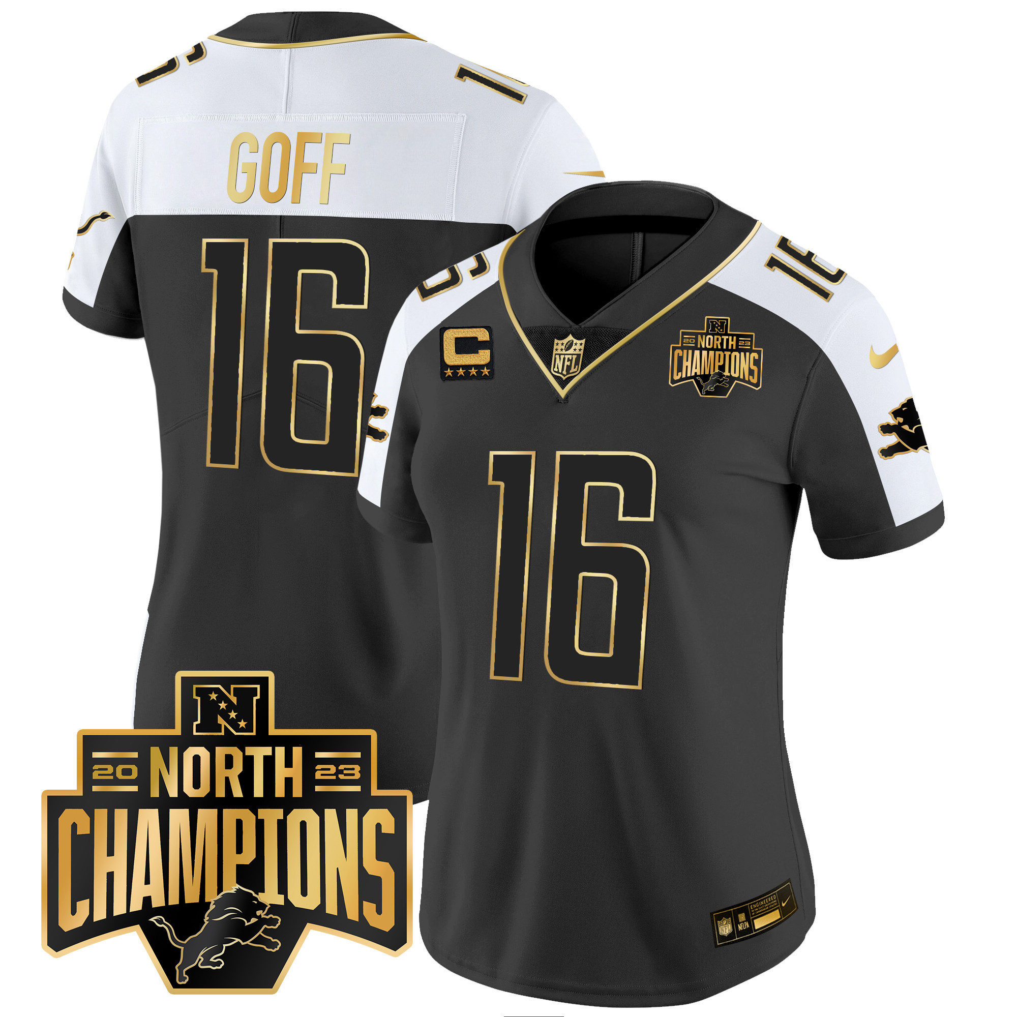 Jared Goff Women's Detroit Lions 2023 NFC North Division Champions Patch Vapor Gold Alternate Jersey - All Stitched 