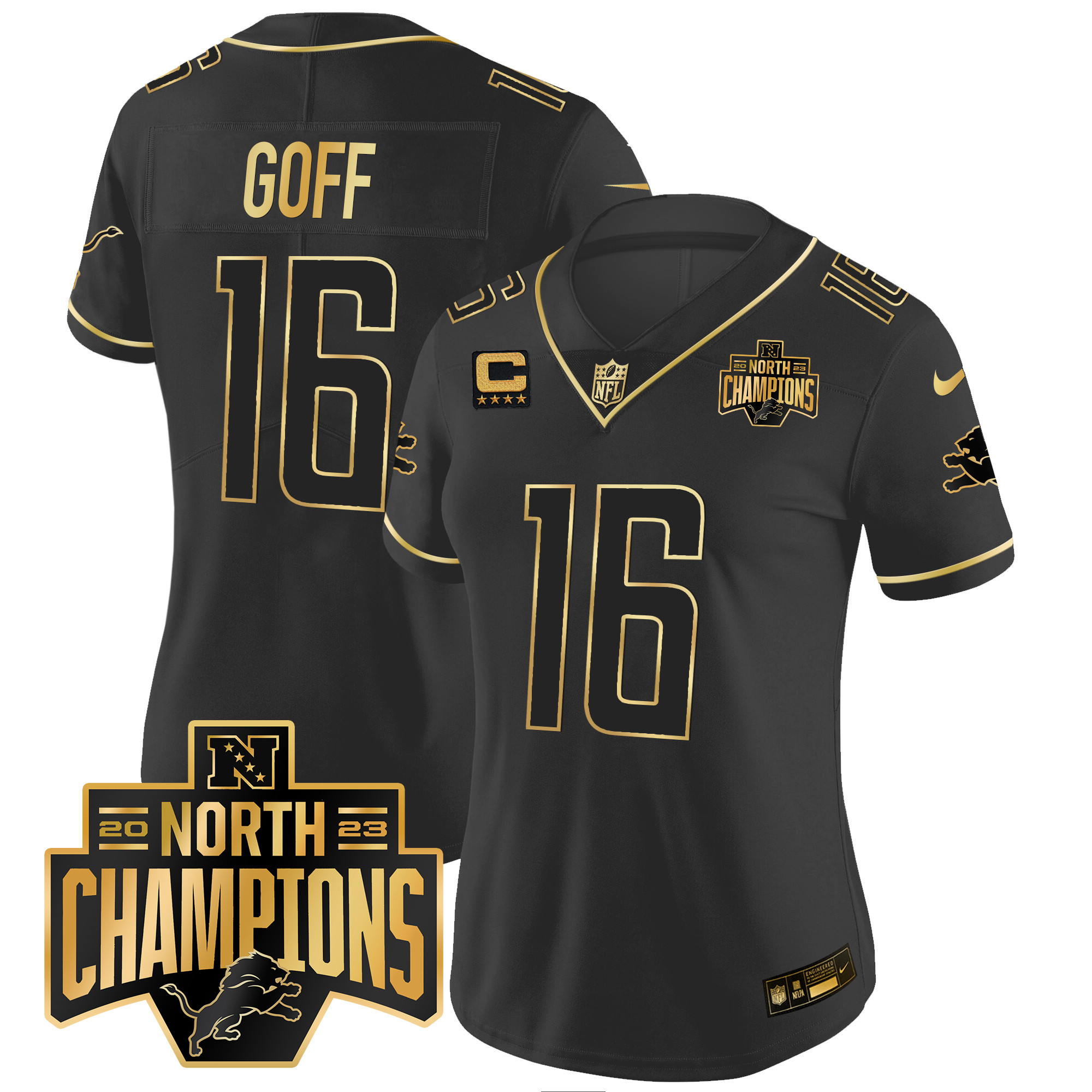 Jared Goff Women's Detroit Lions 2023 NFC North Division Champions Patch Vapor Gold Black Gold Jersey - All Stitched 