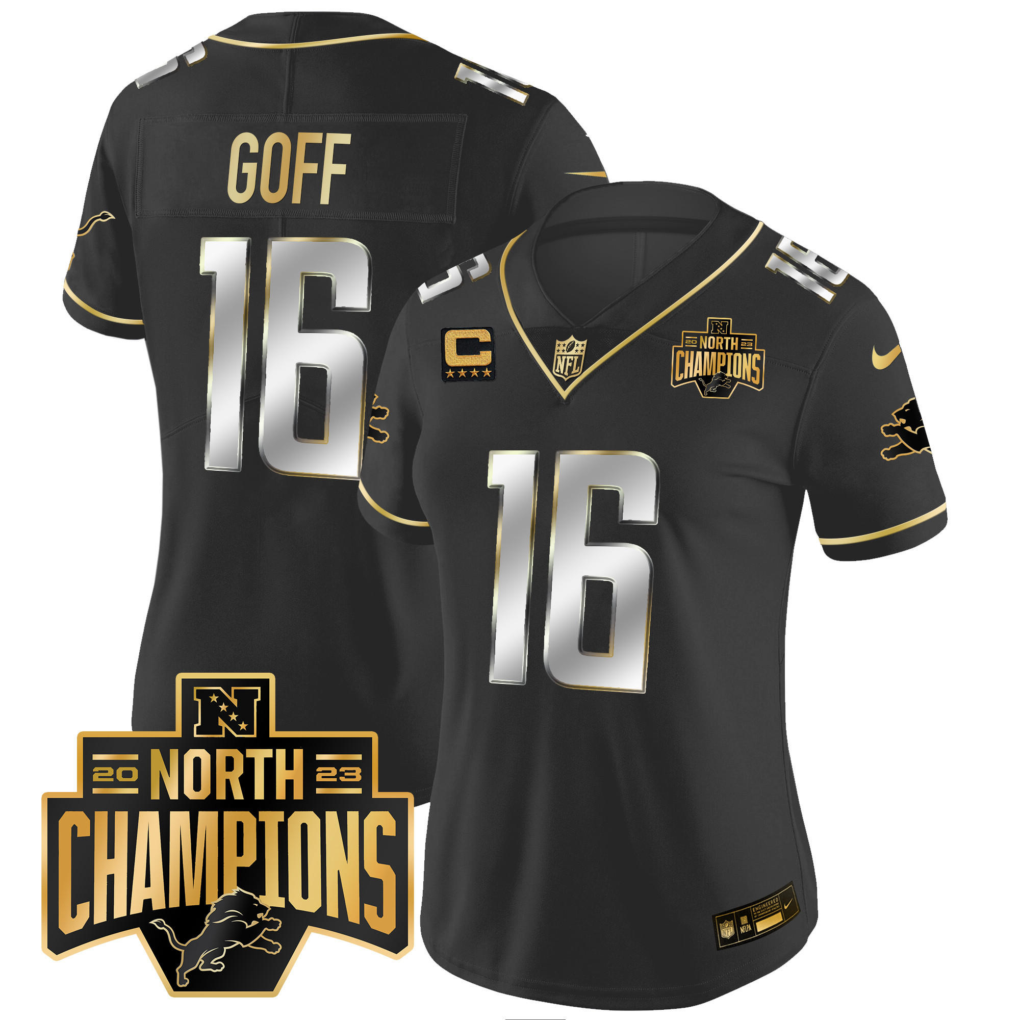Jared Goff Women's Detroit Lions 2023 NFC North Division Champions Patch Vapor Gold Black Limited Jersey - All Stitched 