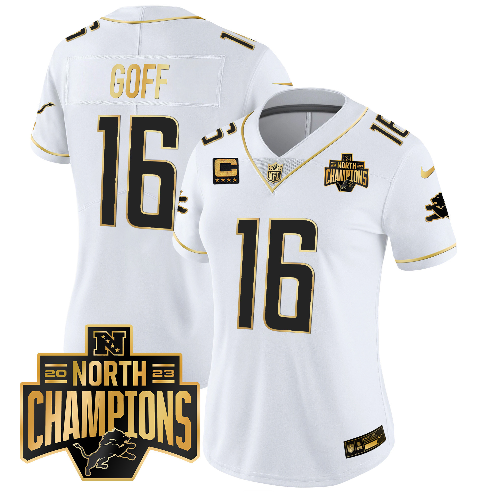Jared Goff Women's Detroit Lions 2023 NFC North Division Champions Patch Vapor Gold White Gold Jersey - All Stitched 