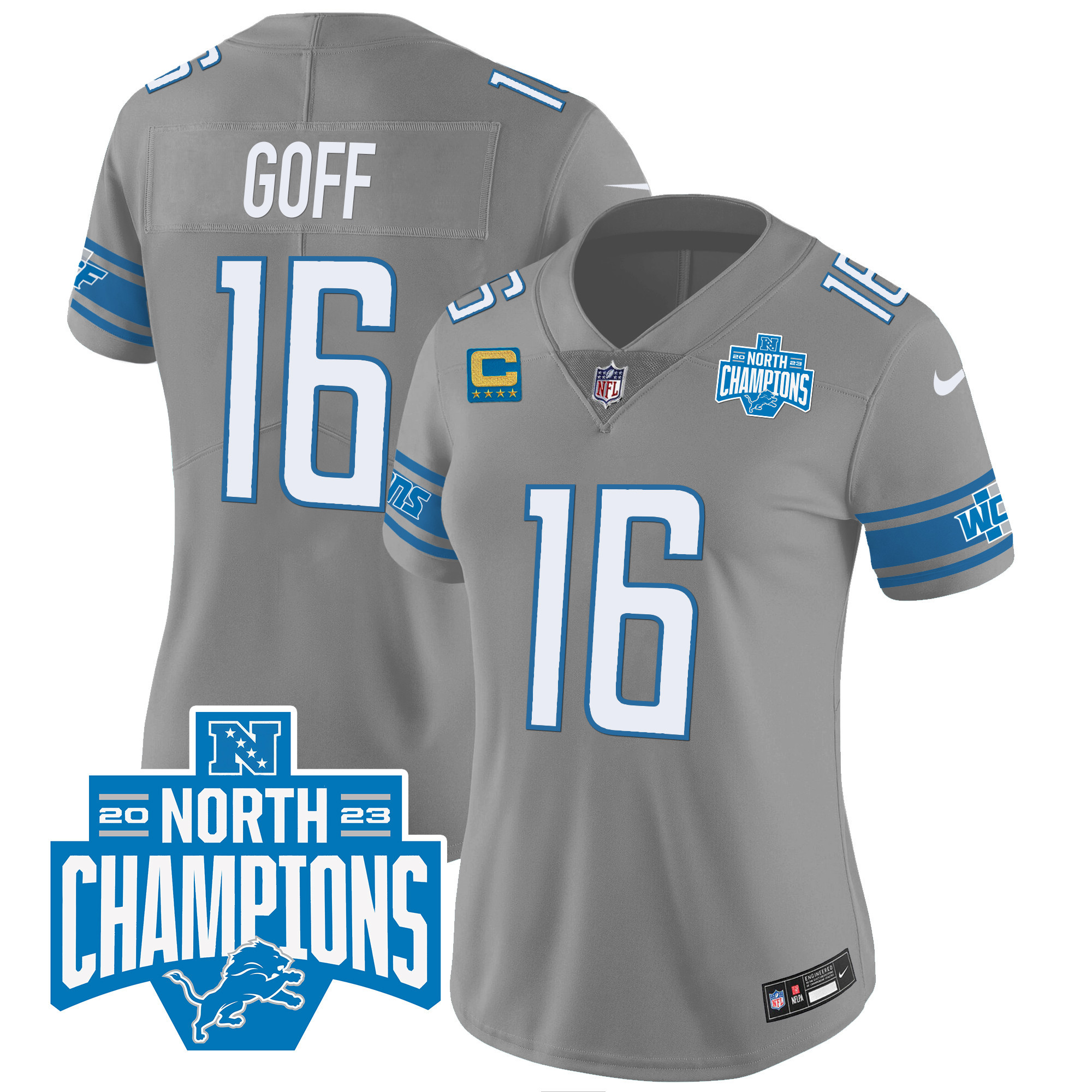 Jared Goff Women's Detroit Lions 2023 NFC North Division Champions Patch Vapor Gray Jersey - All Stitched 