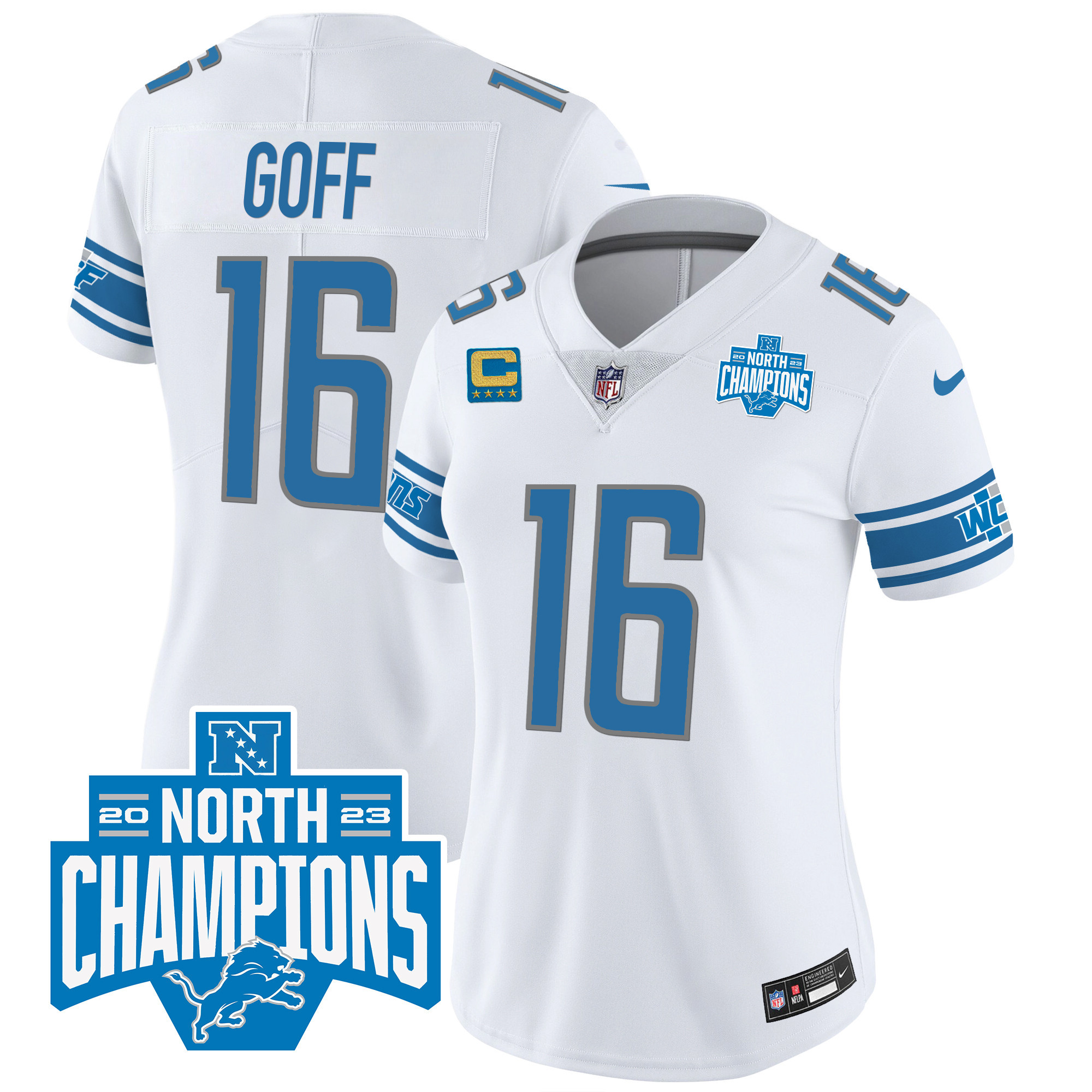 Jared Goff Women's Detroit Lions 2023 NFC North Division Champions Patch Vapor White Jersey - All Stitched 