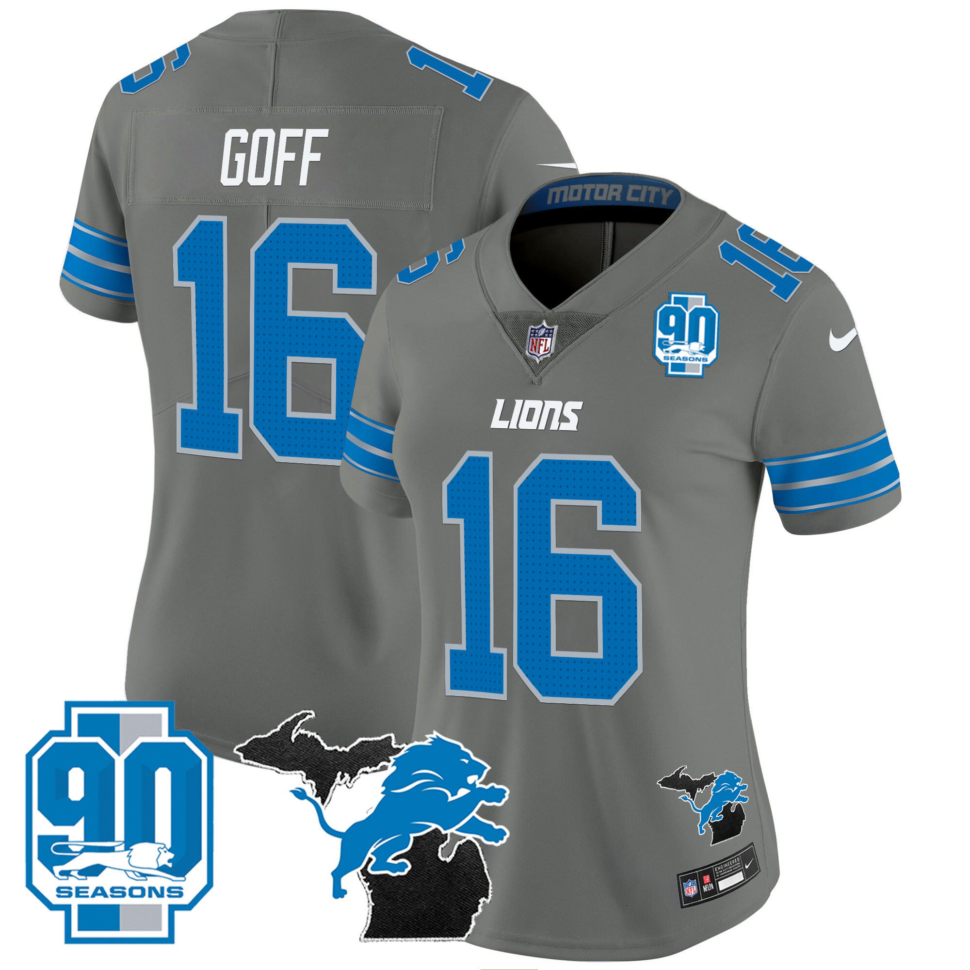 Jared Goff Women's Detroit Lions 2024 Michigan & 90th Year Patch Vapor Gray Jersey - All Stitched 